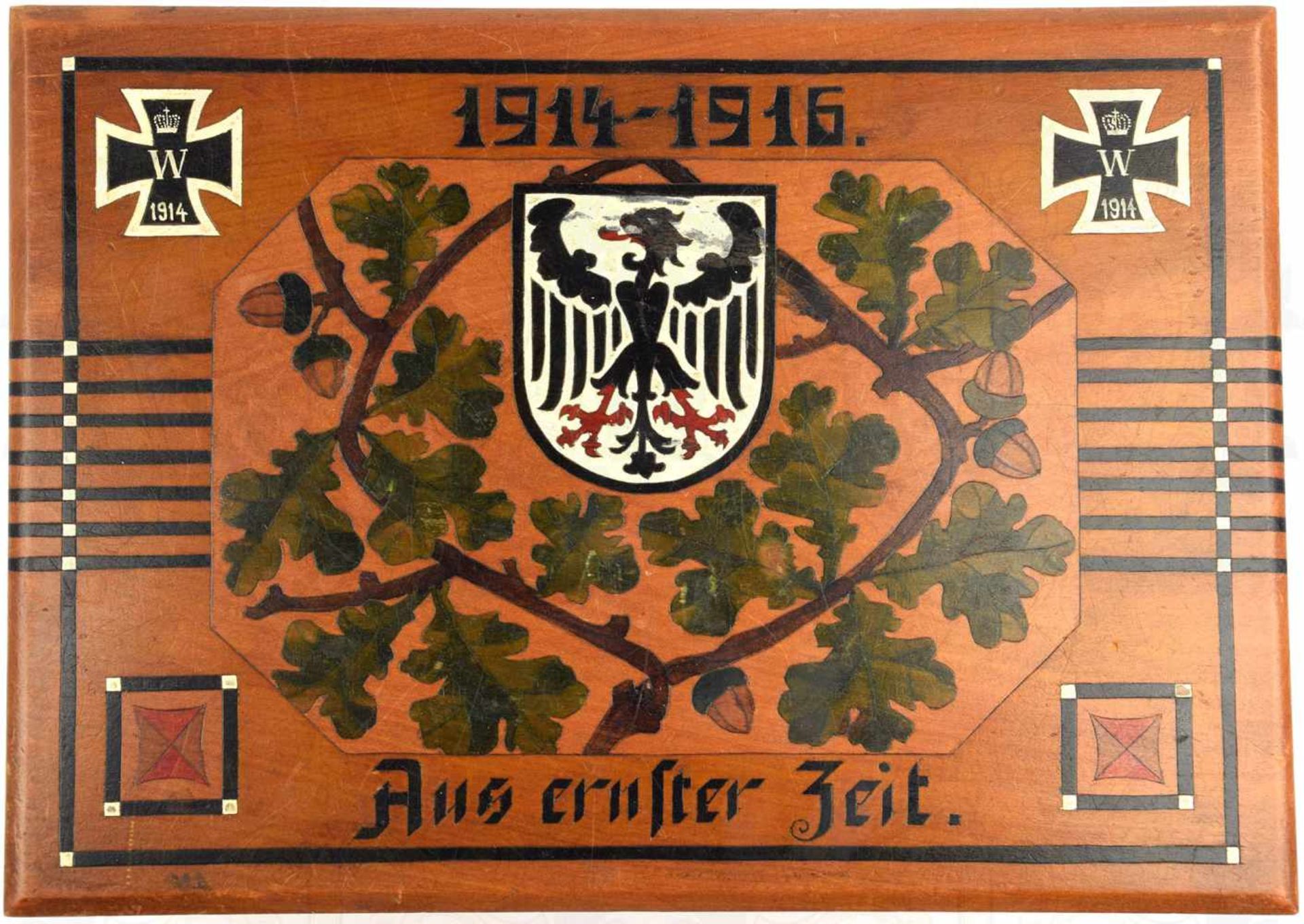 PATRIOTISCHE SCHATULLE, Holz, Deckel m. Intarsien, 2 EK 1914, Adler im Wappenschild u. Eichenbrüche, - Image 2 of 3