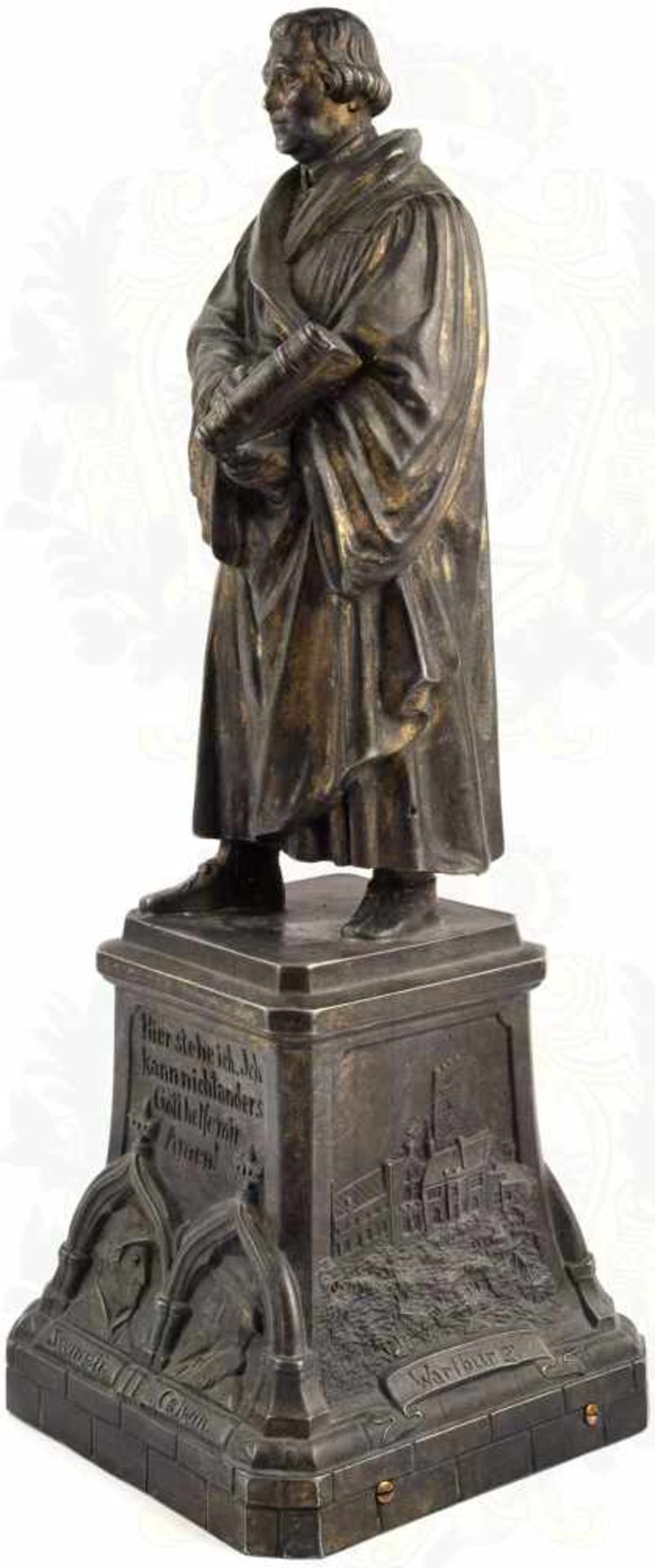 STATUE MARTIN LUTHER MIT SPIELUHR, Metallguß, Ganzdarstellung m. heiliger Schrift, auf - Bild 3 aus 3