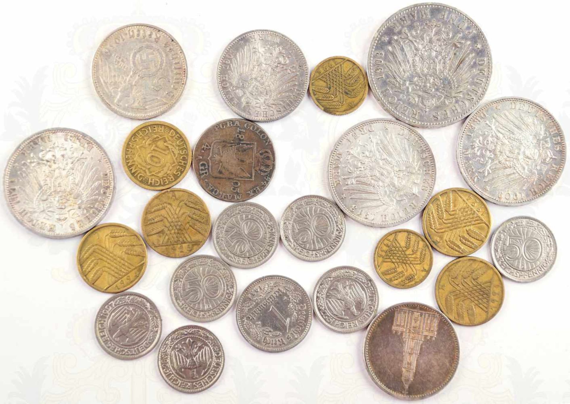 23 MÜNZEN: 4 Groschen Preußen 1805; 5 Silbermünzen Kaiserreich, 1x 2-Mark 1902, 3x 3-Mark 1909/ - Bild 2 aus 2