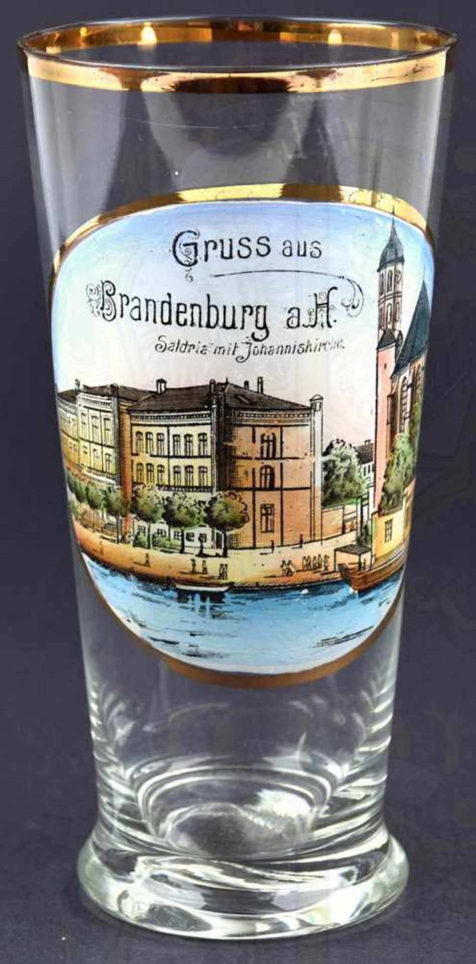 BIERGLAS GRUß AUS BRANDENBURG/HAVEL, 1/4 L., m. Golddekor u. farb. Ansicht d. Saldria m.