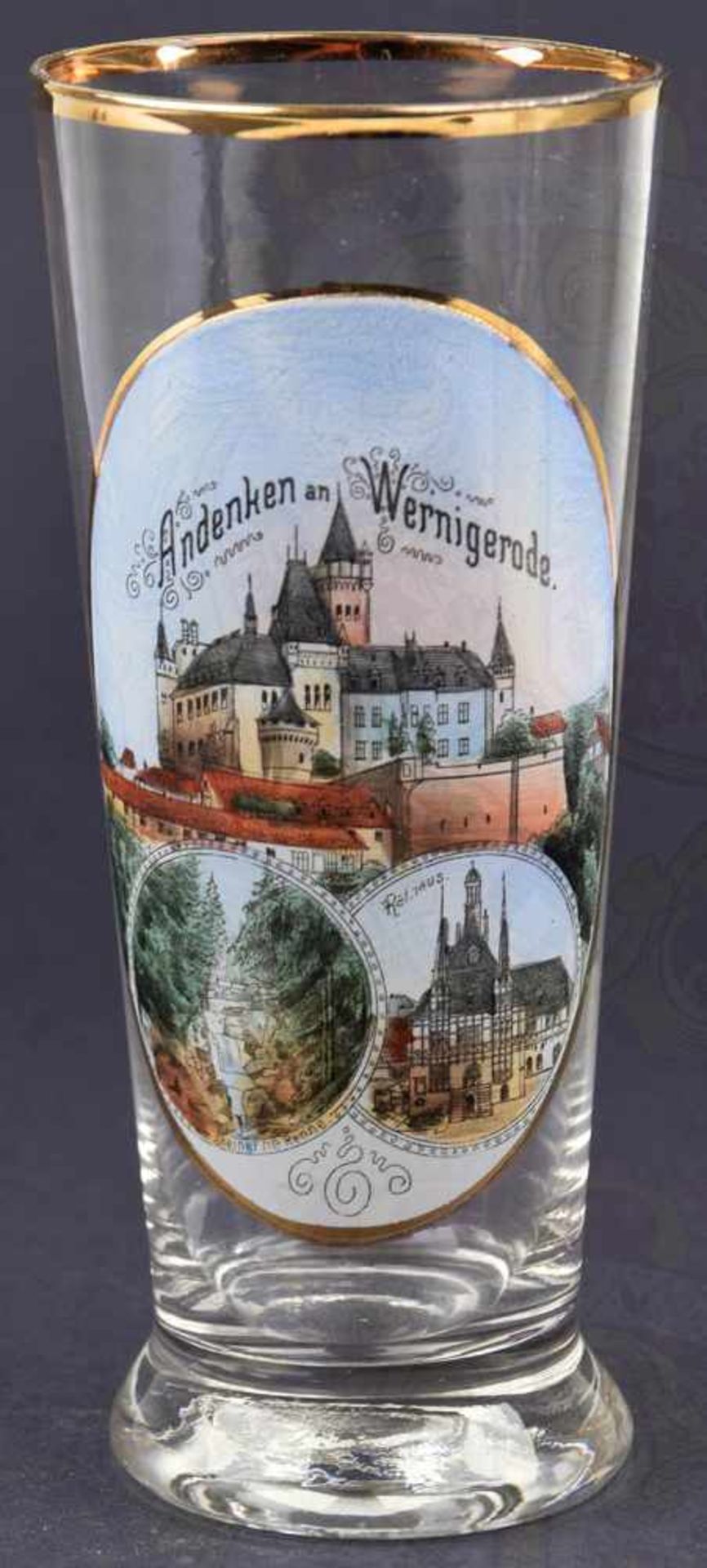 BIERGLAS ANDENKEN AN WERNIGERODE, 1/4 L., m. Golddekor u. farb. Ansichten in Emaillemalerei, H. 15,