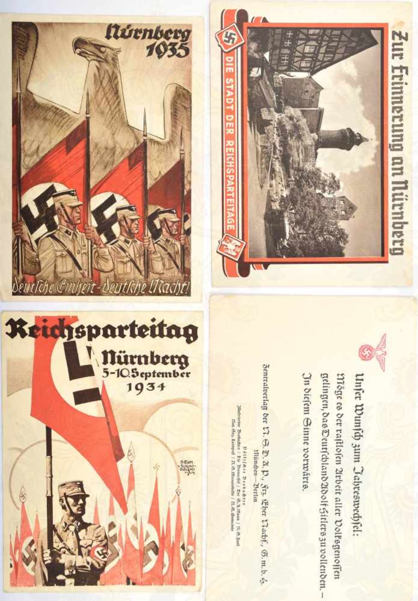 3 AK REICHSPARTEITAGE: 1934, 1935 u. Erinnerung an Nürnberg, 1x Tiefdruck, 2x farb. Kunstdruck, SA-