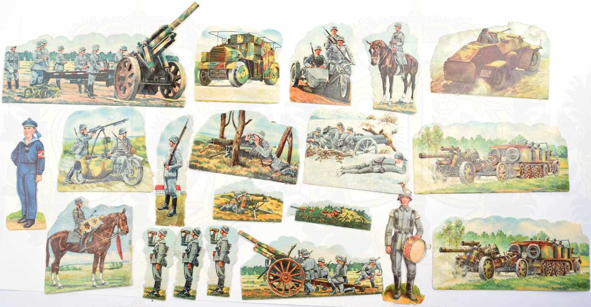19 SOLDATEN-LACKBILDER, 1 Marine-HJ, sonst Wehrmacht Heer, Schützen f. Gewehr u. MG, Reiter,