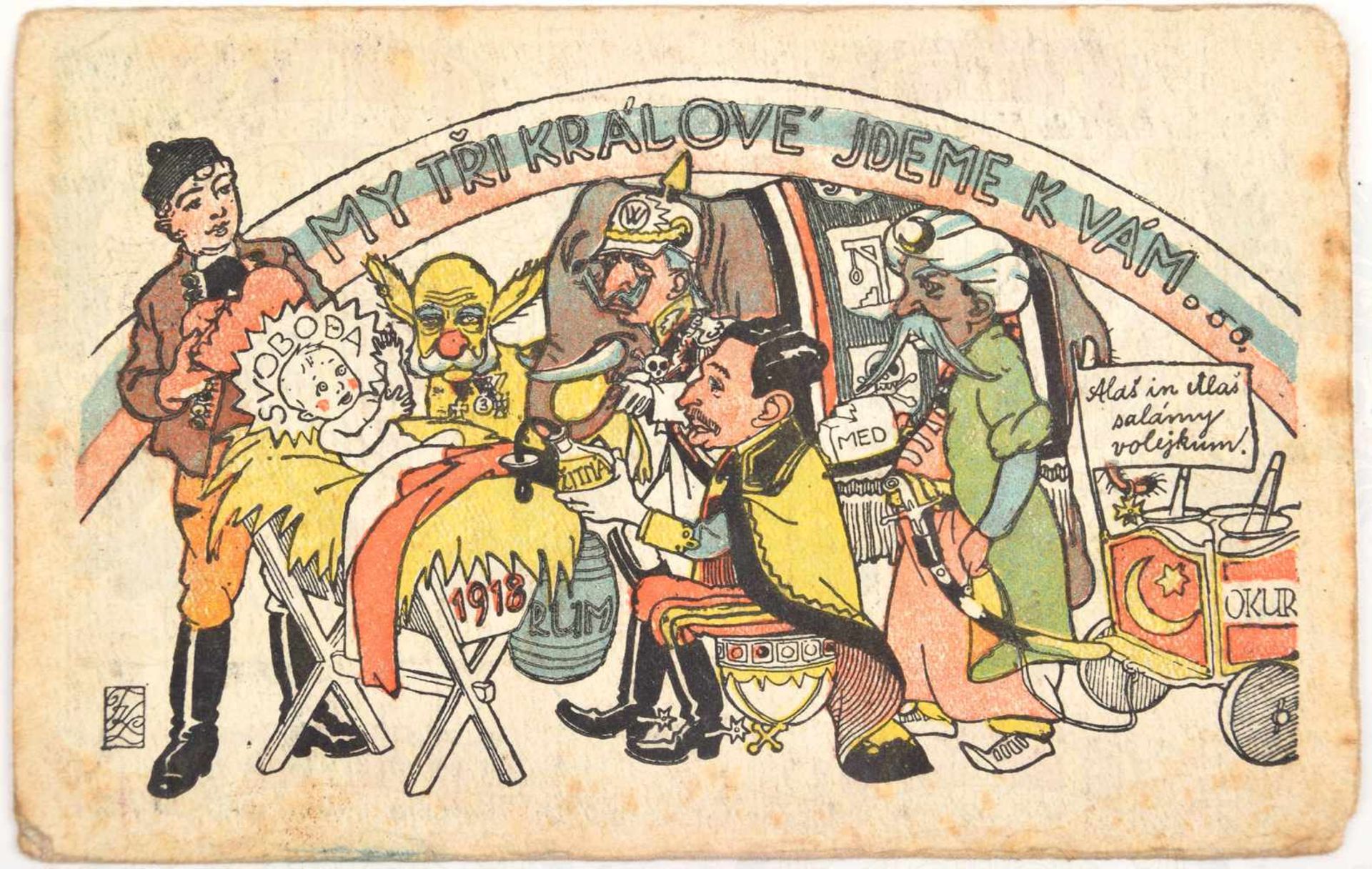 KARIKATUR-POSTKARTE NEUJAHR 1918, „My Tri Kralove jdeme k vam“ (Die drei Könige kommen zu dir),