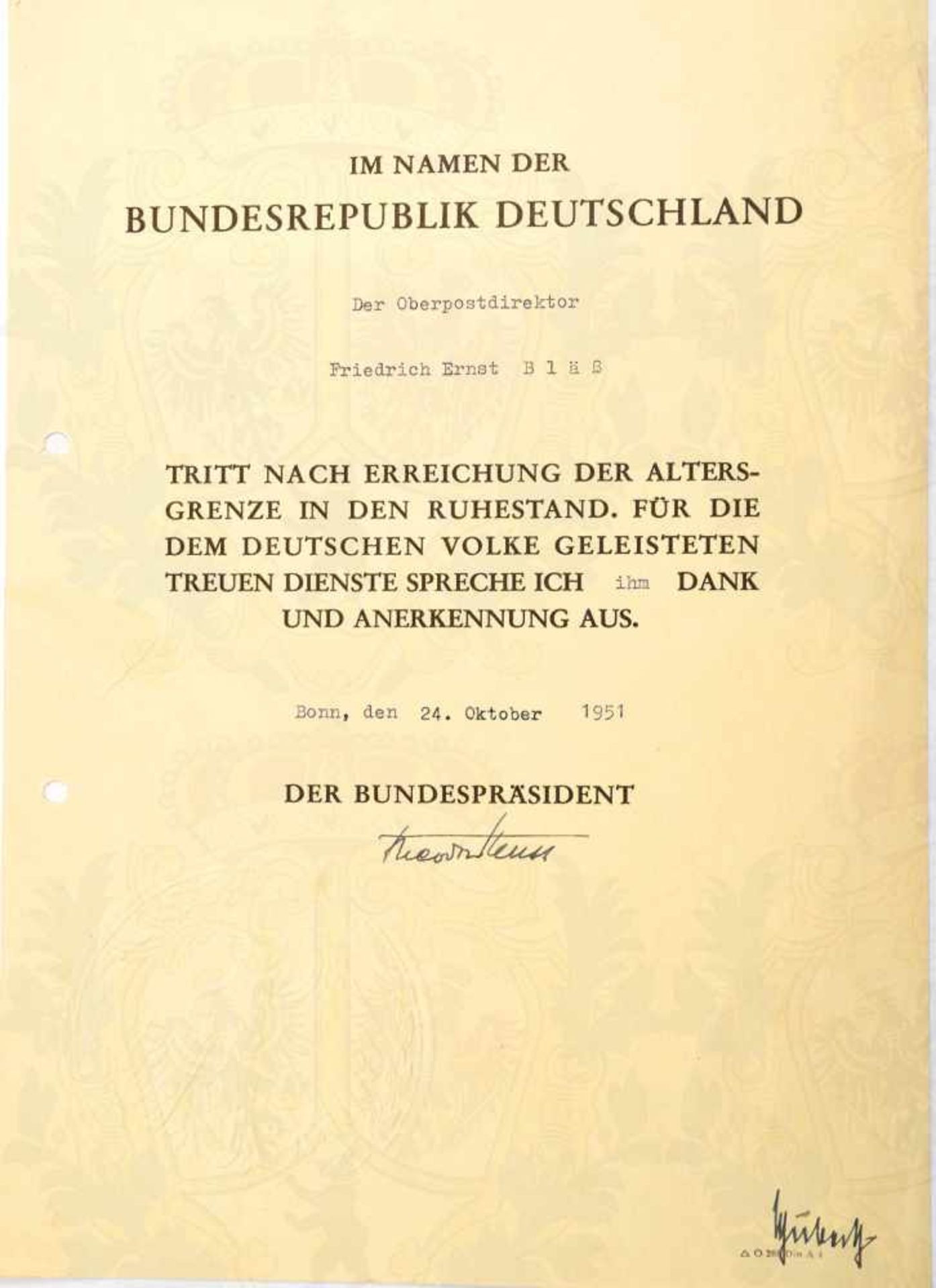 HEUSS, Theodor (1884-1963), 1. Bundespräsident, Gründer u. 1. Vorsitzender d. FDP, Tinten OU „