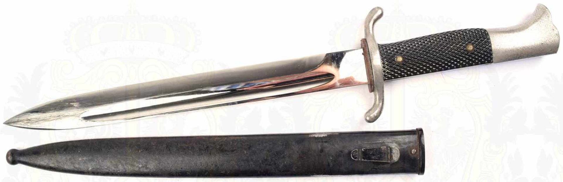 FEUERWEHR-FASCHINENMESSER, vernickelte Klinge, L. 25cm, Stoßleder, vernickelte Griffteile aus