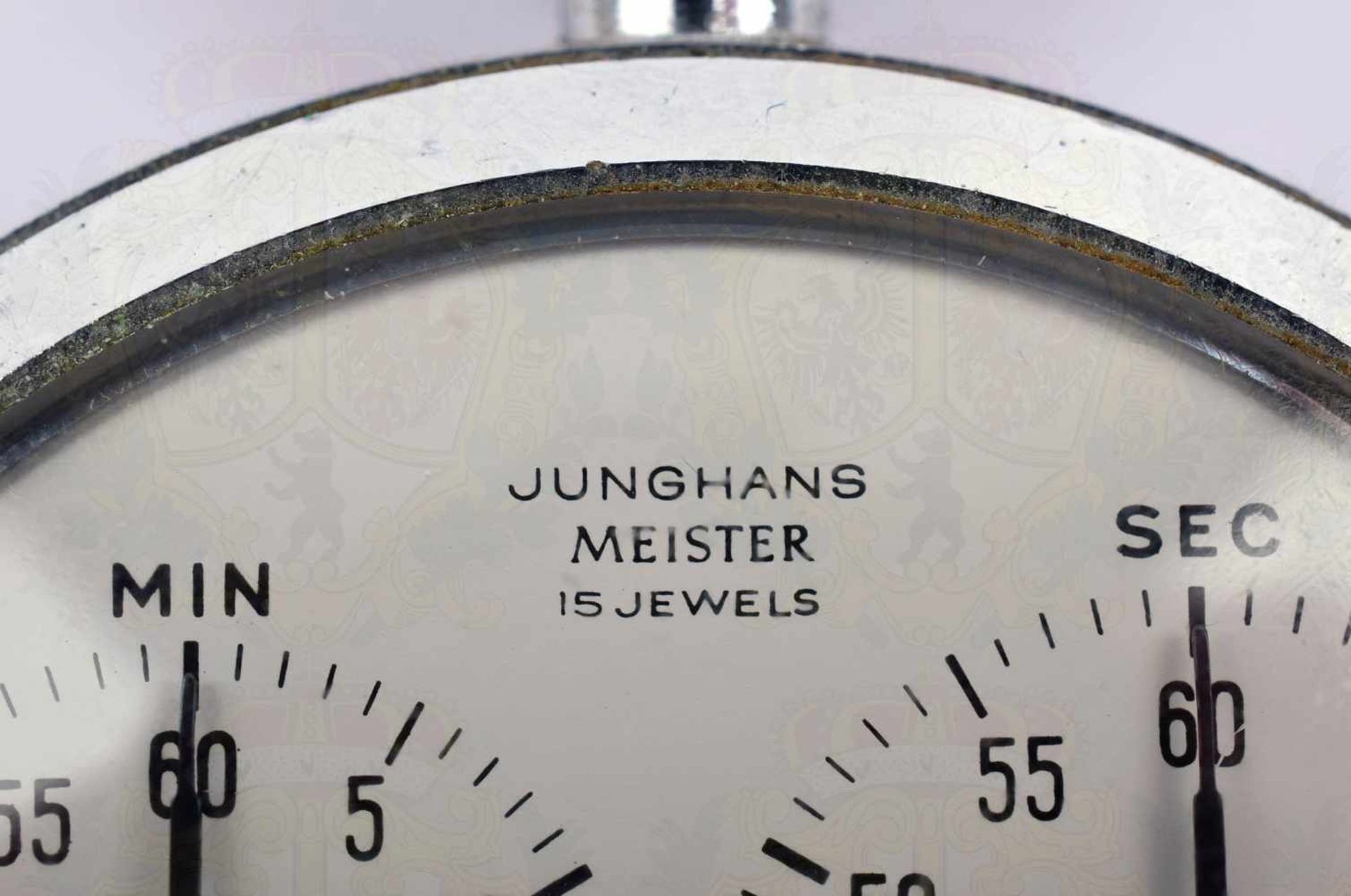 DREIKREIS-STOPPUHR JUNGHANS MEISTER, bez. „15 Jewels“, 3 Ziffernblätter für Minuten, Sekunden u. - Image 3 of 4