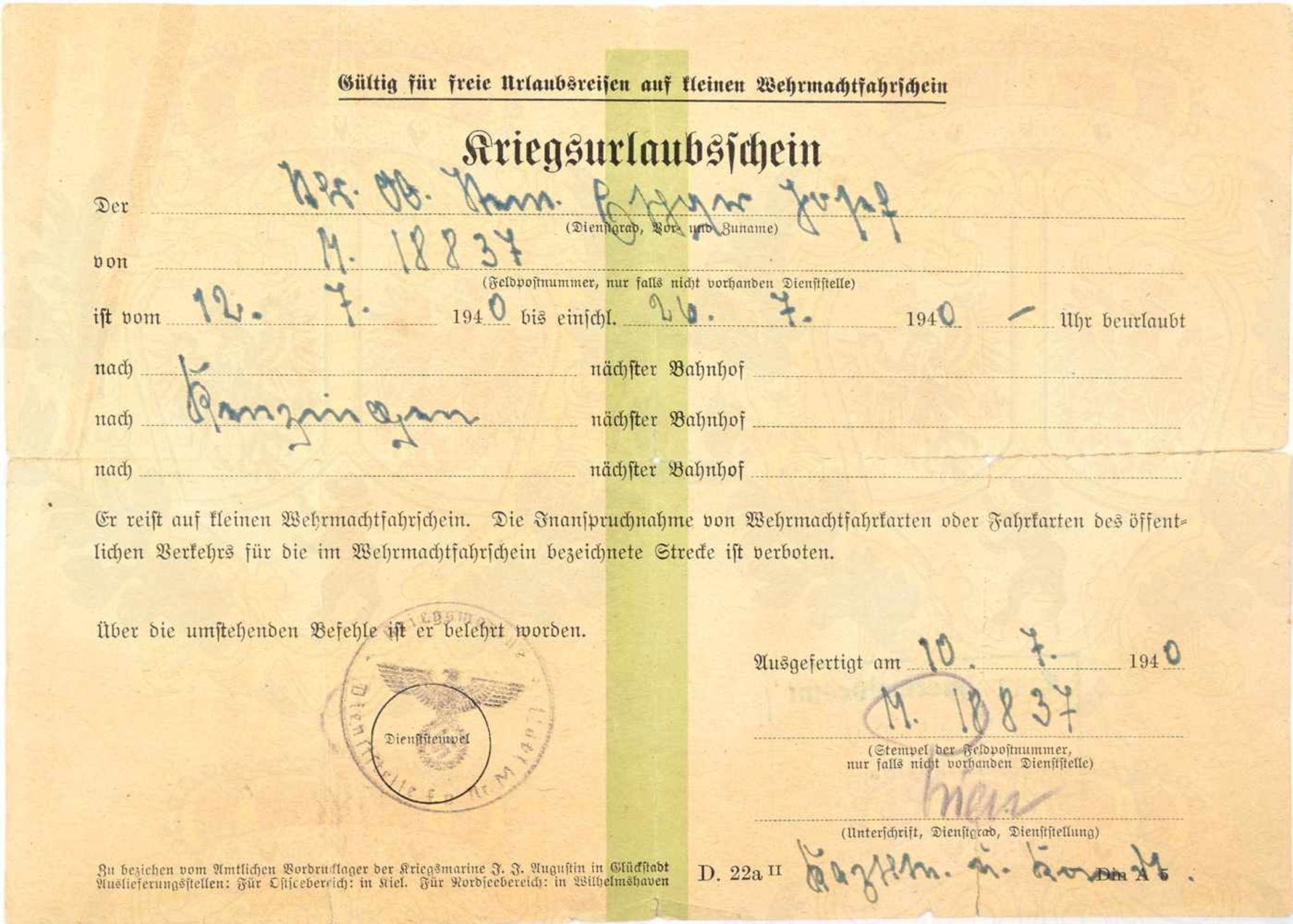 PRIEN, GÜNTHER, (1908-1941, im Nordatlantik verschollen), Korvettenkapitän u. Kdt. von U-47, EL