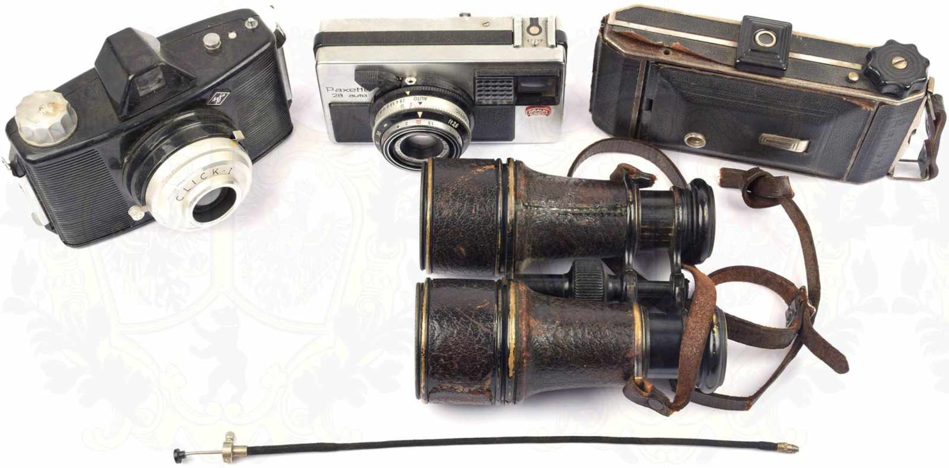 3 FOTOAPPARATE UND 1 FERNGLAS „Beirax“, Meritar-Objektiv, um 1955; „Agfa Click-I“, bde.