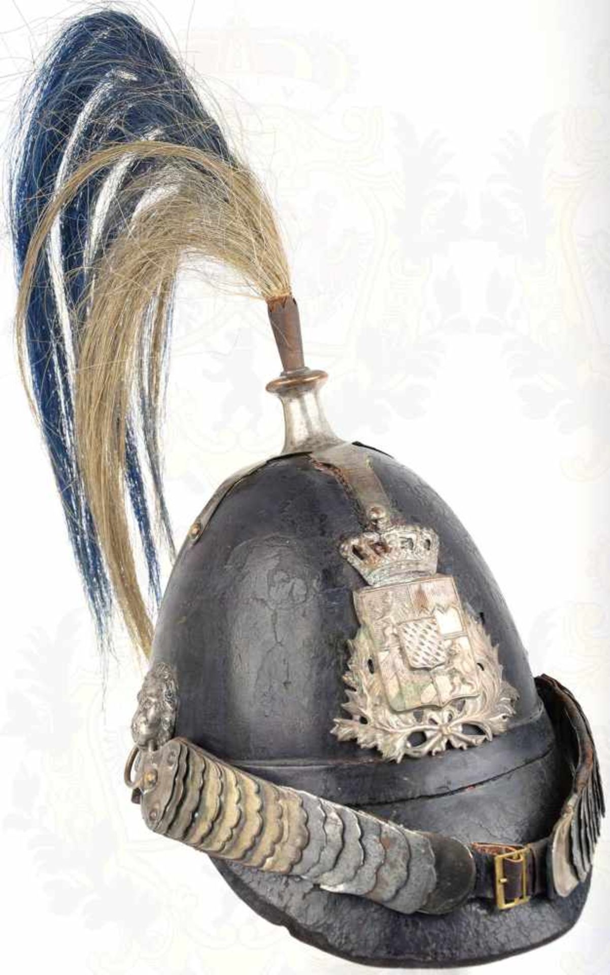 HELM M 1853 FÜR MANNSCHAFTEN DER BÜRGERWEHR, schwarzer Lederkorpus, Spitze m. blau/weißem - Bild 4 aus 6