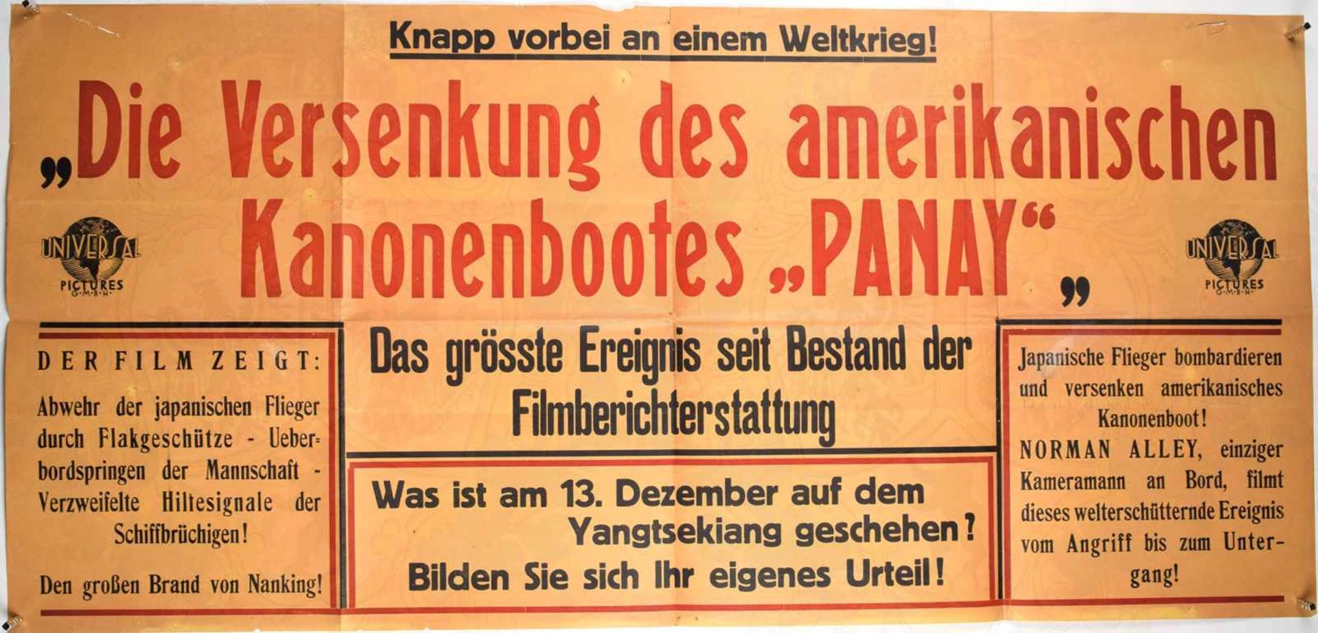 FILMPLAKAT VERSENKUNG KANONENBOOT PANAY, Filmberichterstattung d. Kameramannes Norman Alley zu d.