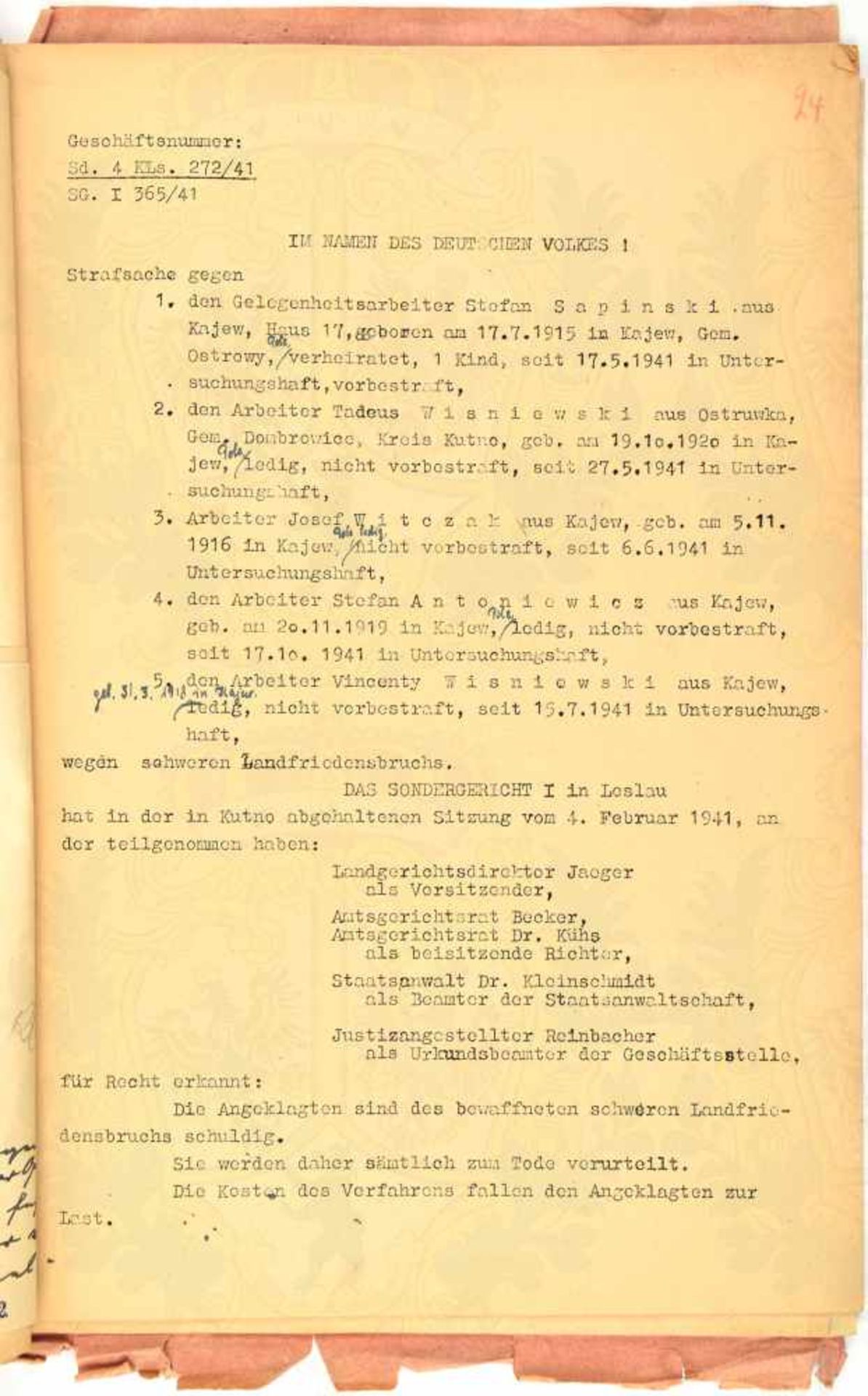 GERICHTSAKTE SONDERGERICHT LESLAU/WEICHSEL, 1941/42, gegen 4 polnische Gelegenheitsarbeiter wegen - Bild 4 aus 4