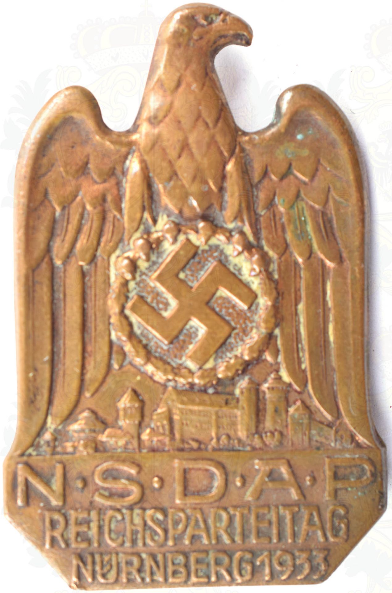 ABZEICHEN REICHSPARTEITAG NÜRNBERG 1933, Bronze, massiv, entspr. bez., zeitgen. Nadel rs. neu