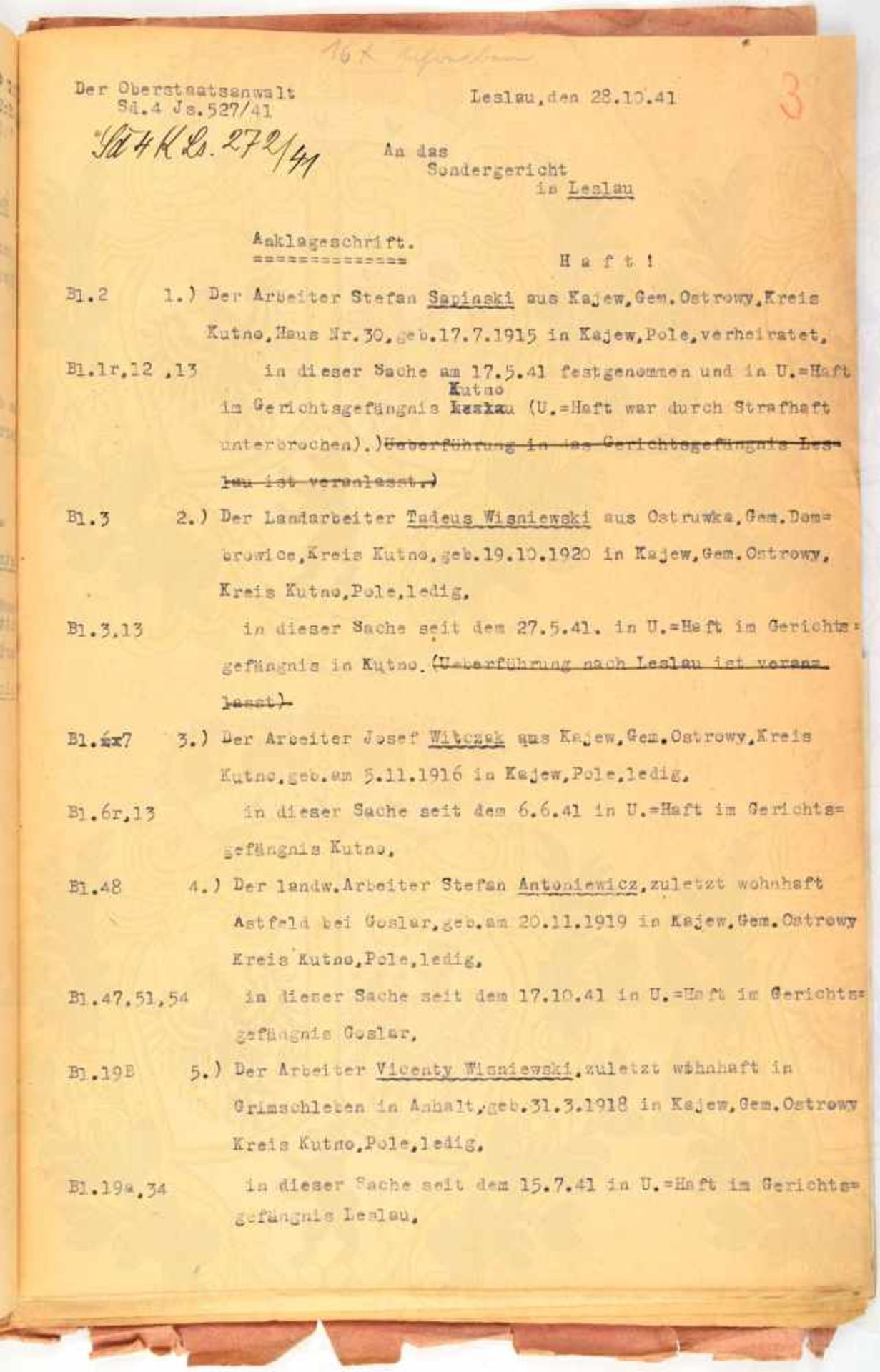 GERICHTSAKTE SONDERGERICHT LESLAU/WEICHSEL, 1941/42, gegen 4 polnische Gelegenheitsarbeiter wegen - Bild 2 aus 4