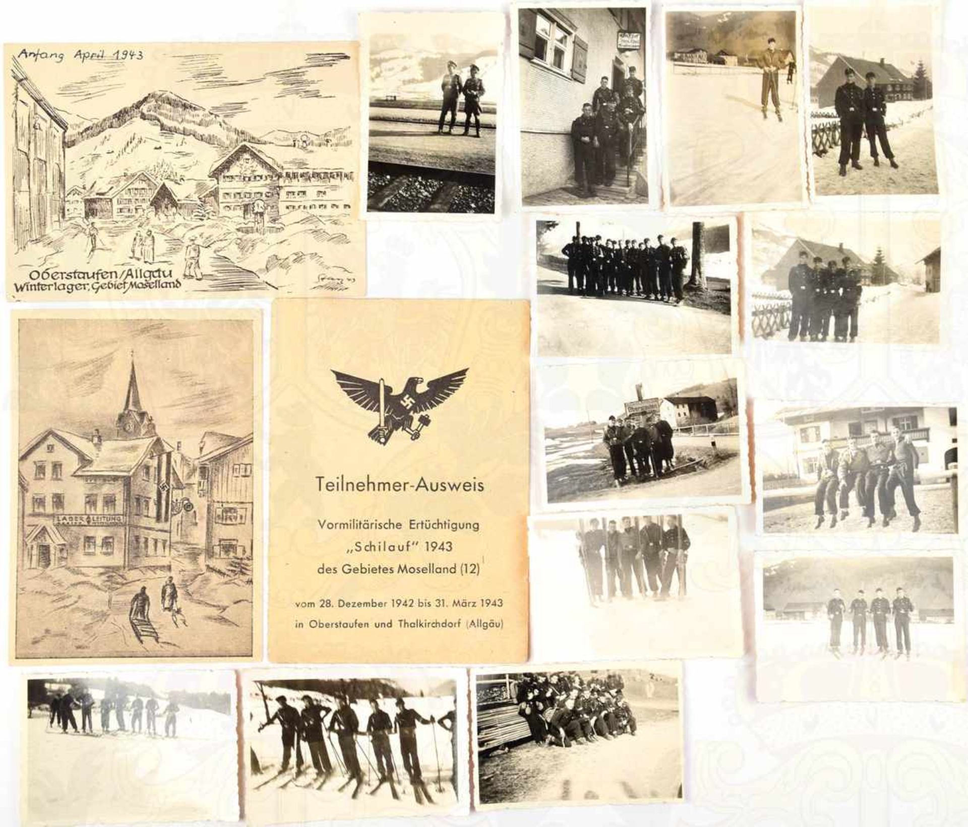 NACHLASS HJ-WINTERLAGER OBERSTAUFEN, Teilnehmerausweis 1943, Gebiet Moselland, 22 Fotos u. 4 AK,