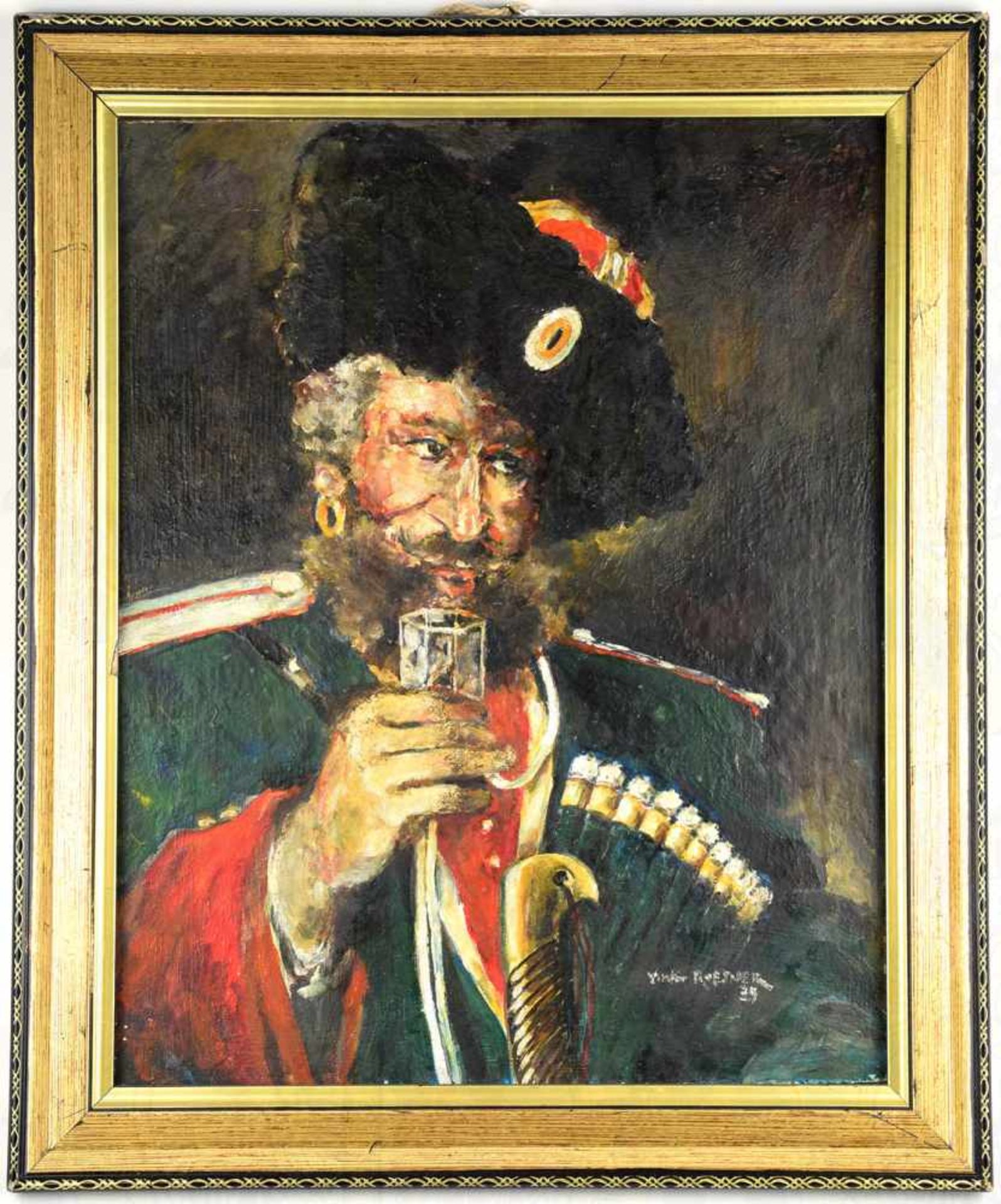 PORTRAIT ZARISTISCHER KOSAK, Ölfarbe auf Holz, in Uniform, m. Pelzmütze u. Schaschka, farbenkräftige
