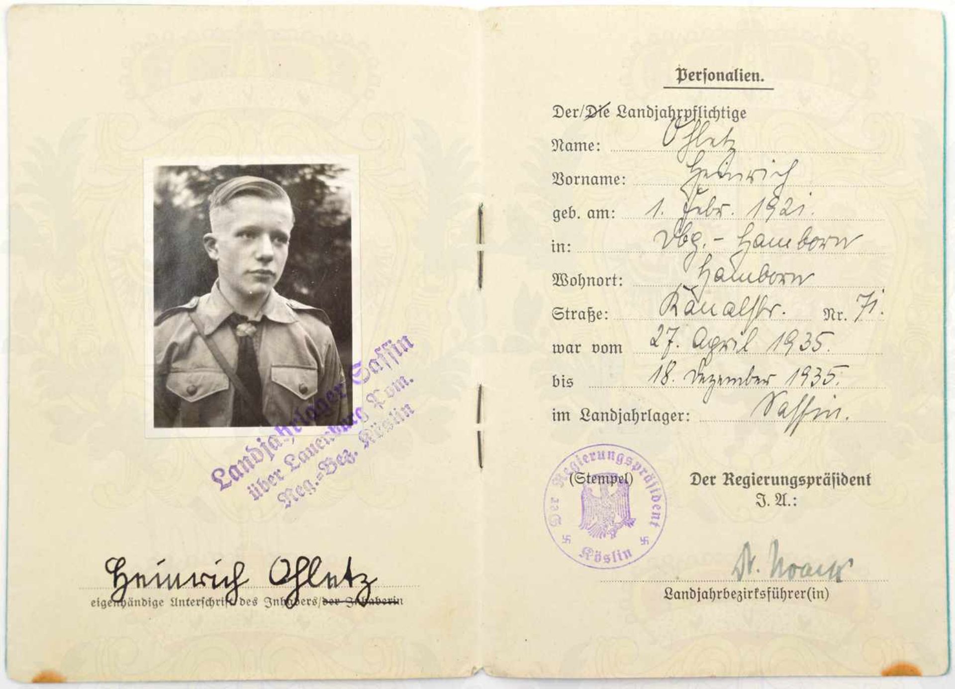 2 AUSWEISE, Landjahrlager Sassin bei Lauenburg in Pommern 1935, Hitlerjunge aus Duisburg-Hamborn, m. - Bild 2 aus 2