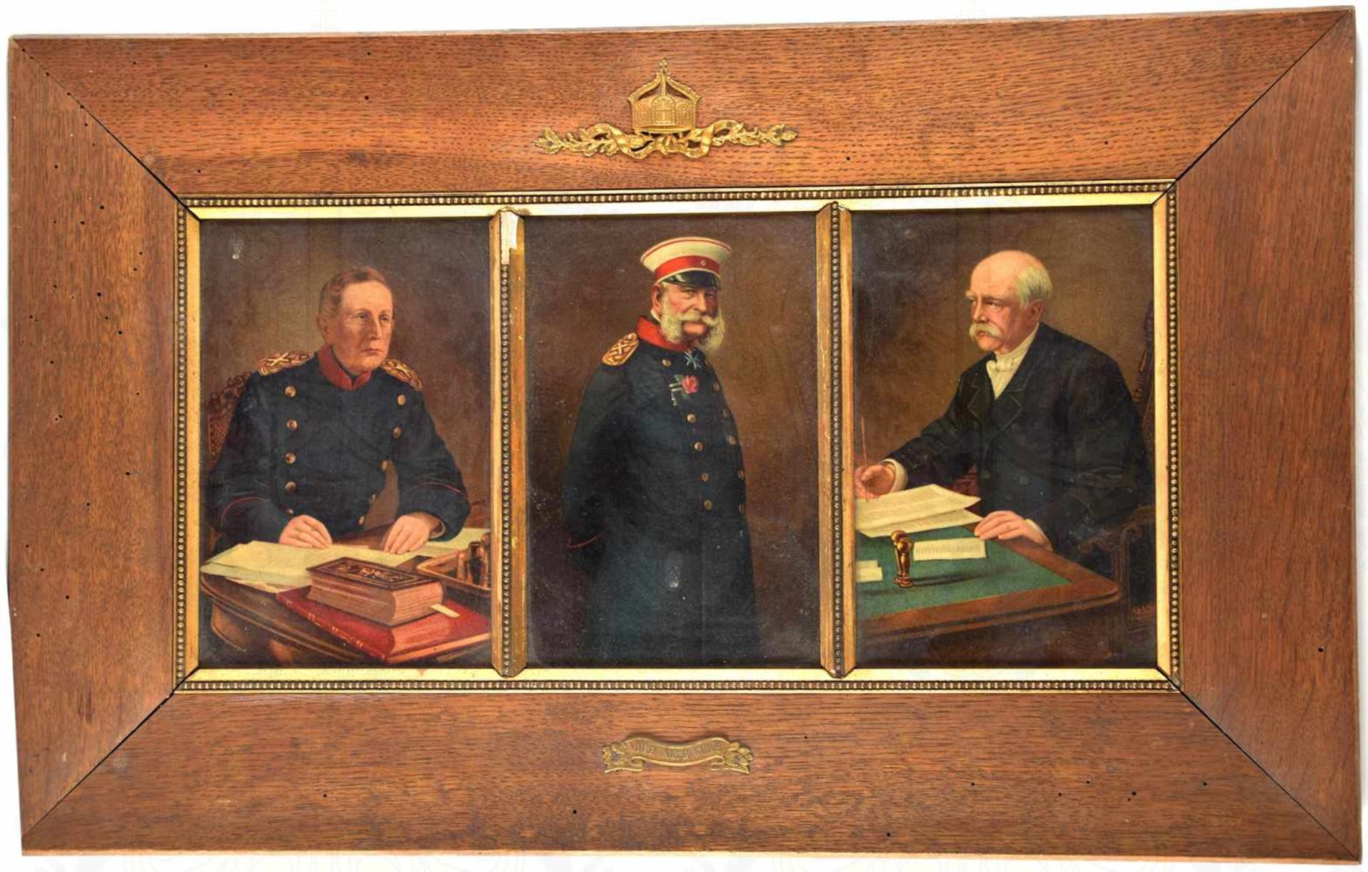 ERINNERUNGSBILD „DER ALTE KURS“, farb. Lithografien Kaiser Wilhelm I., Fürst Bismarck u. GFM Graf