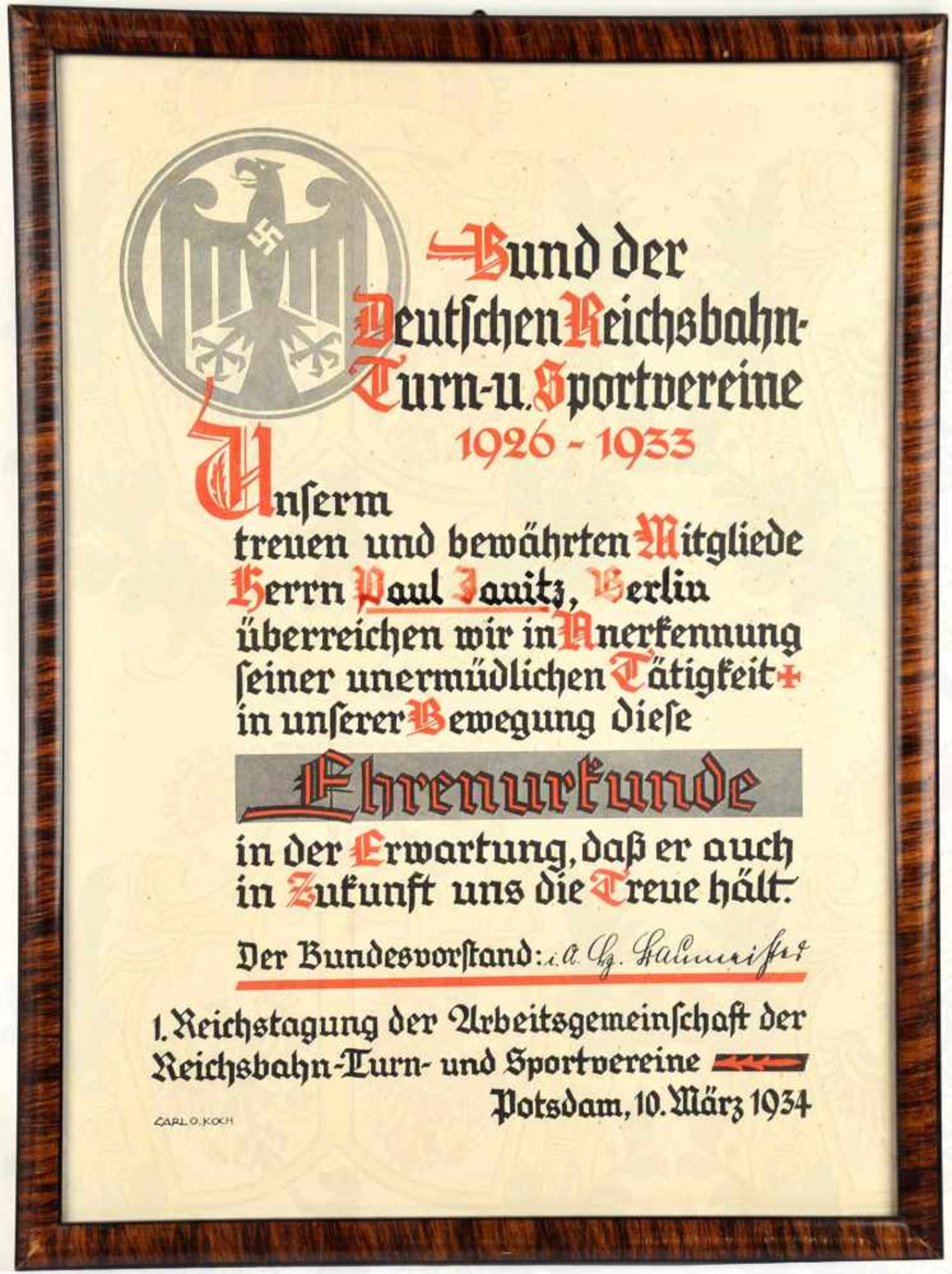 EHRENURKUNDE 1926-1933, Bund d. Dt. Reichsbahn-Turn- u. Sportvereine, ausgestellt, Potsdam, 10.3.
