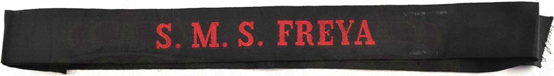 MÜTZENBAND S.M.S. FREYA, für Schiffsjungen, schwarzes Ripsband mit roter Stickerei, L. 98cm, sehr