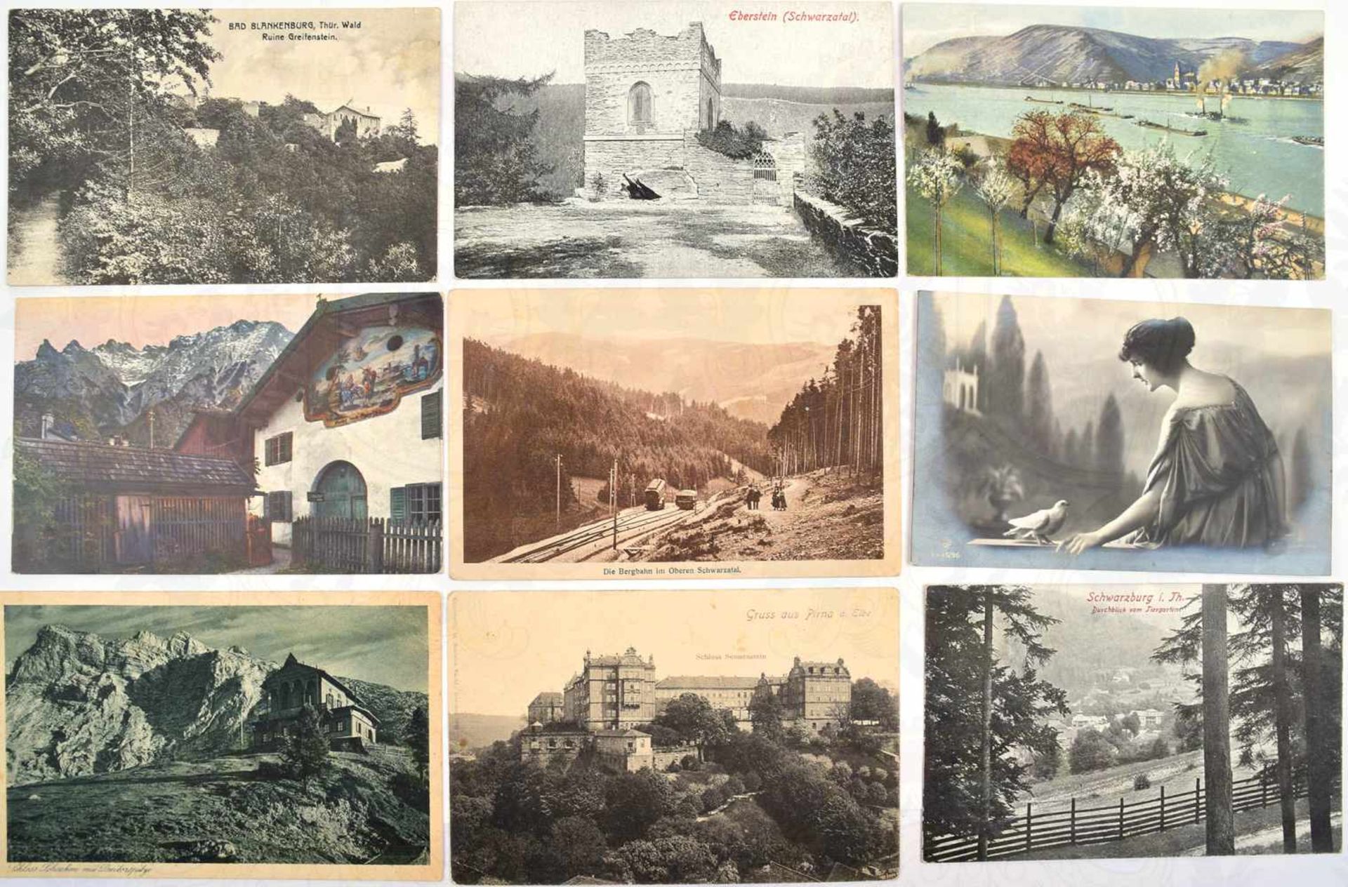 85 AK, Landschaften, Liebespaare, Frauen, Grußkarten, farbige u. s/w, Foto-, Licht- u. Kunstdruck