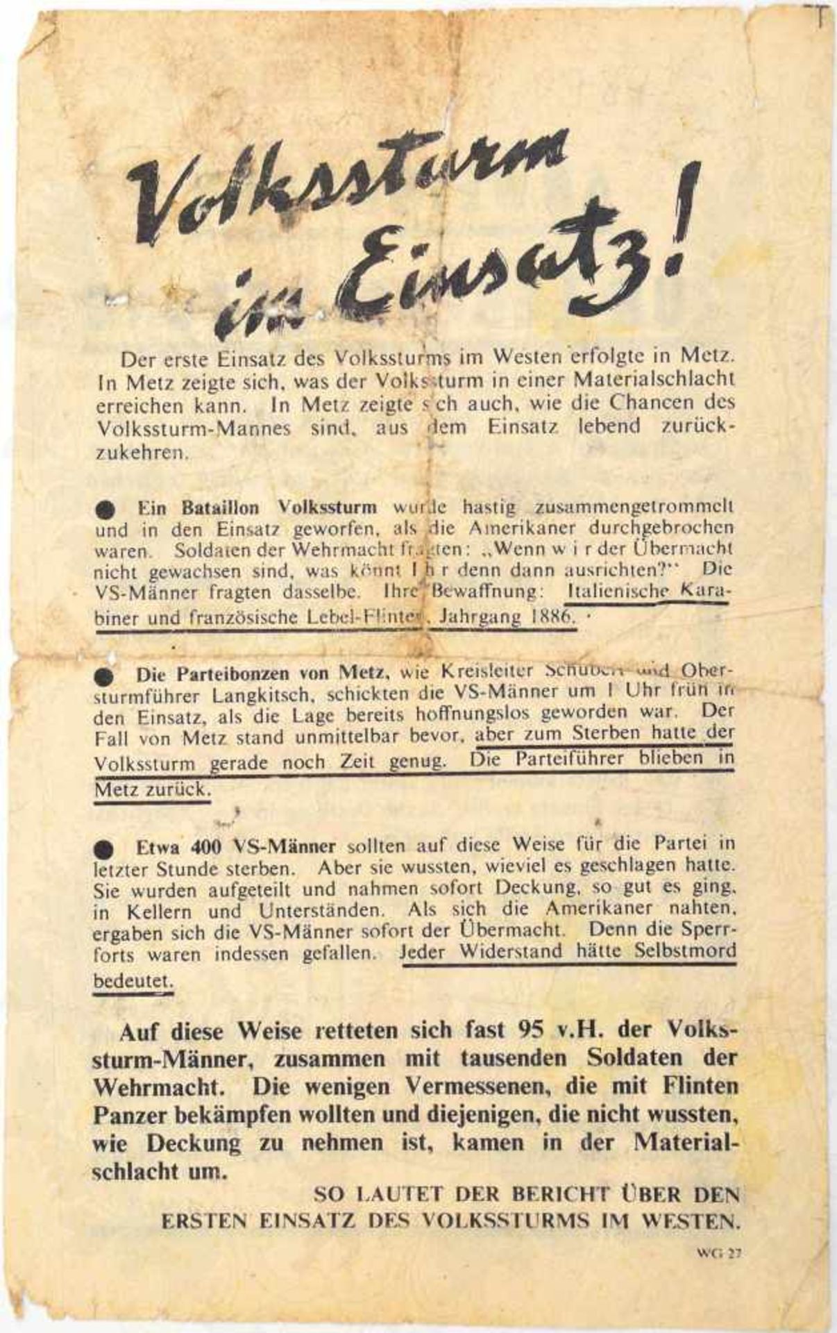 ALLIIERTES FLUGBLATT „VOLKSSTURM IM EINSATZ“, Dez. 1944, Bericht zum ersten Kampf d. Volkssturm in