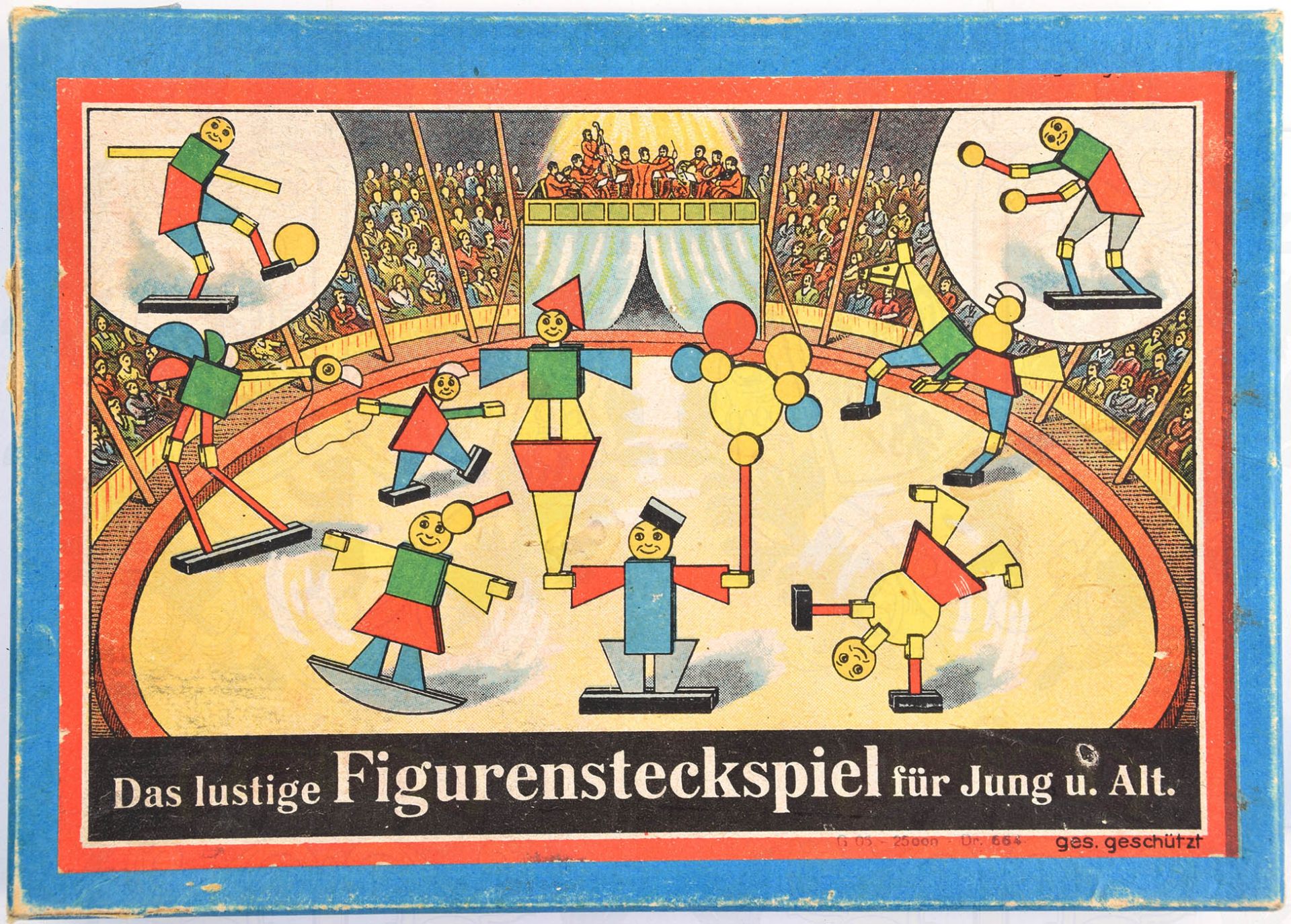 DAS LUSTIGE FIGURENSTECKSPIEL, um 1955, ca. 45 farbige Holzbausteine, nicht kpl., 1 farb. Beiblatt
