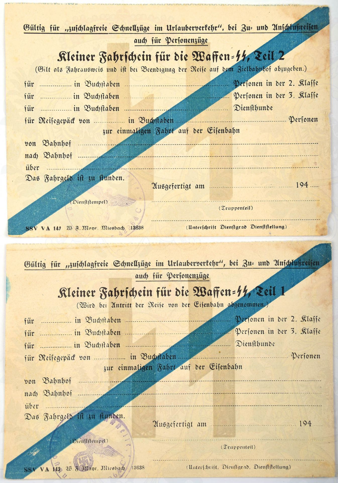 2 KLEINE FAHRSCHEINE WAFFEN-SS, 1943, Teil 1 u. 2, beide m. Truppenstempel Stab II/SS-Gren.-Rgt.