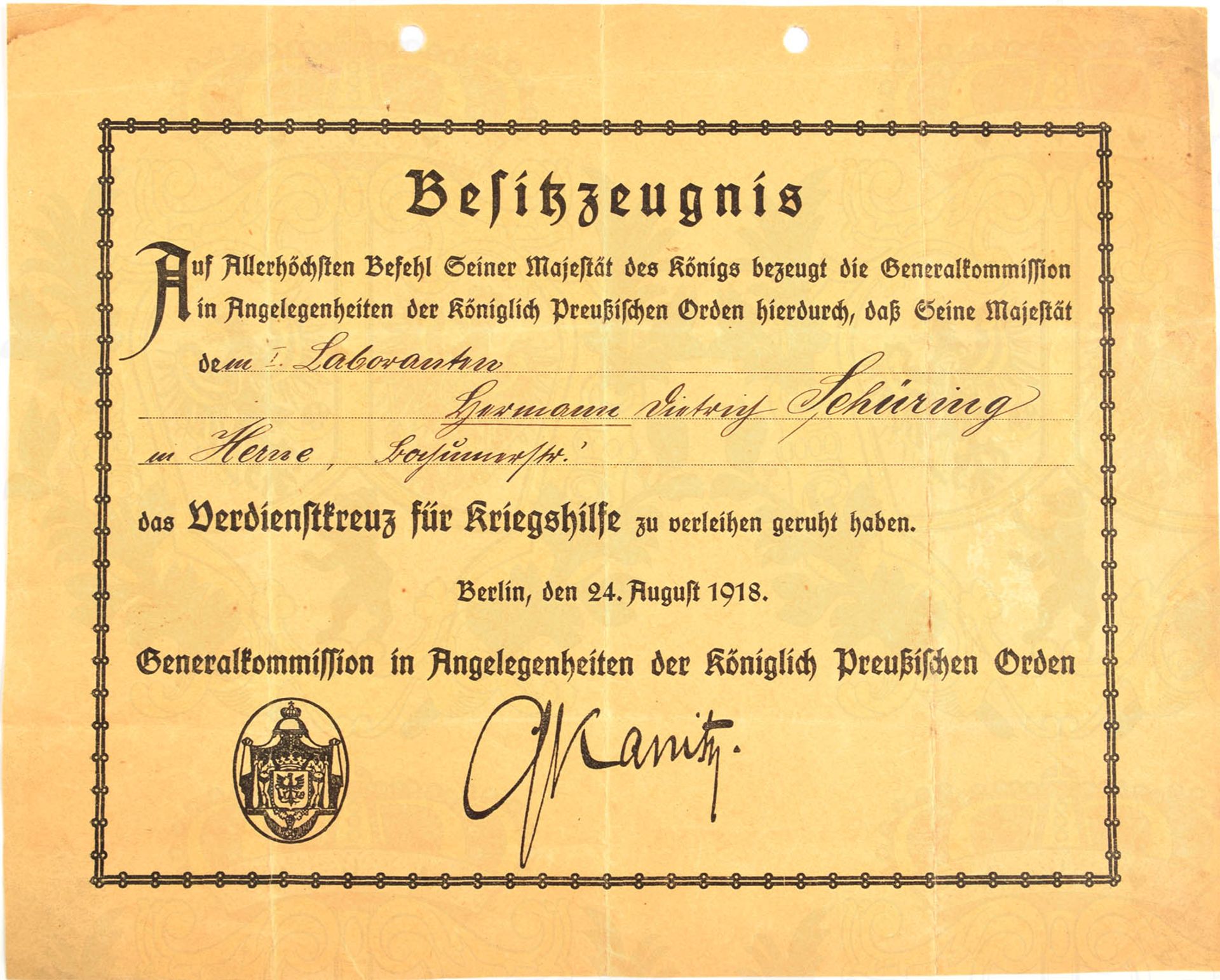 VU VERDIENSTKREUZ FÜR KRIEGSHILFSDIENST 1916, f. einen 1. Laboranten aus Herne, 24.8.1918, faks.