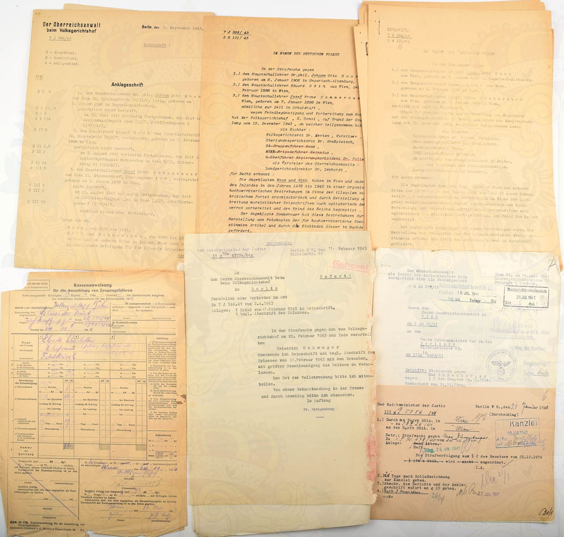 GERICHTSAKTE VOLKSGERICHTSHOF, Anklageschrift Berlin 1943 sowie Teile einer weiteren Akte, Wien