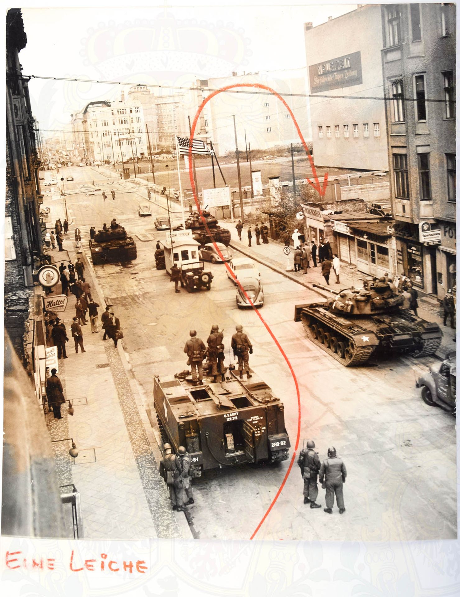 PRESSEFOTO CHECKPOINT CHARLIE 1961, Momentaufnahme vermutlich 27. Okt. während d. beinahe