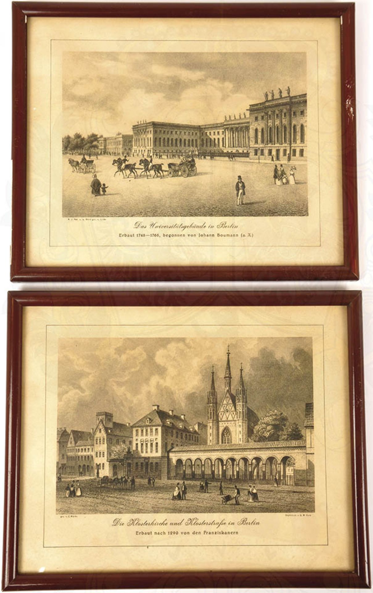 2 ANSICHTEN ALTES BERLIN UM 1850 „Die Klosterkirche und Klosterstraße“ u. „Das Universitätsgebäude“,