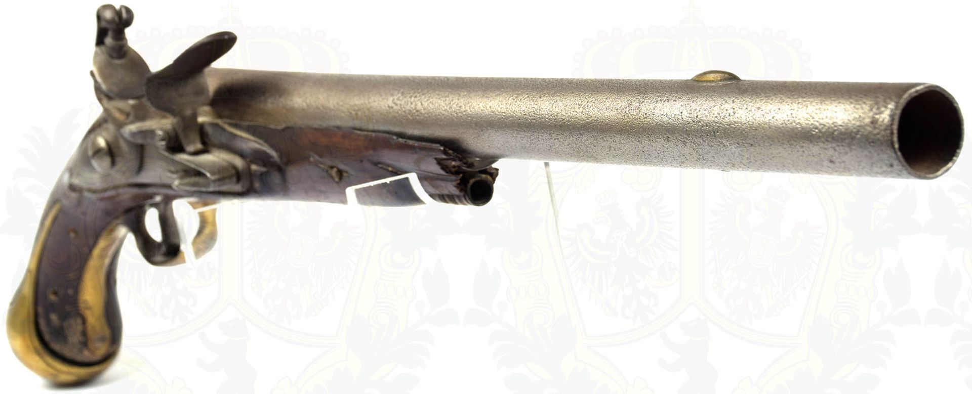 STEINSCHLOSSPISTOLE, ähnlich d. Österreichischen Kavalleriepistole 1744, runder Lauf, Kal. ca. 19mm, - Bild 6 aus 6