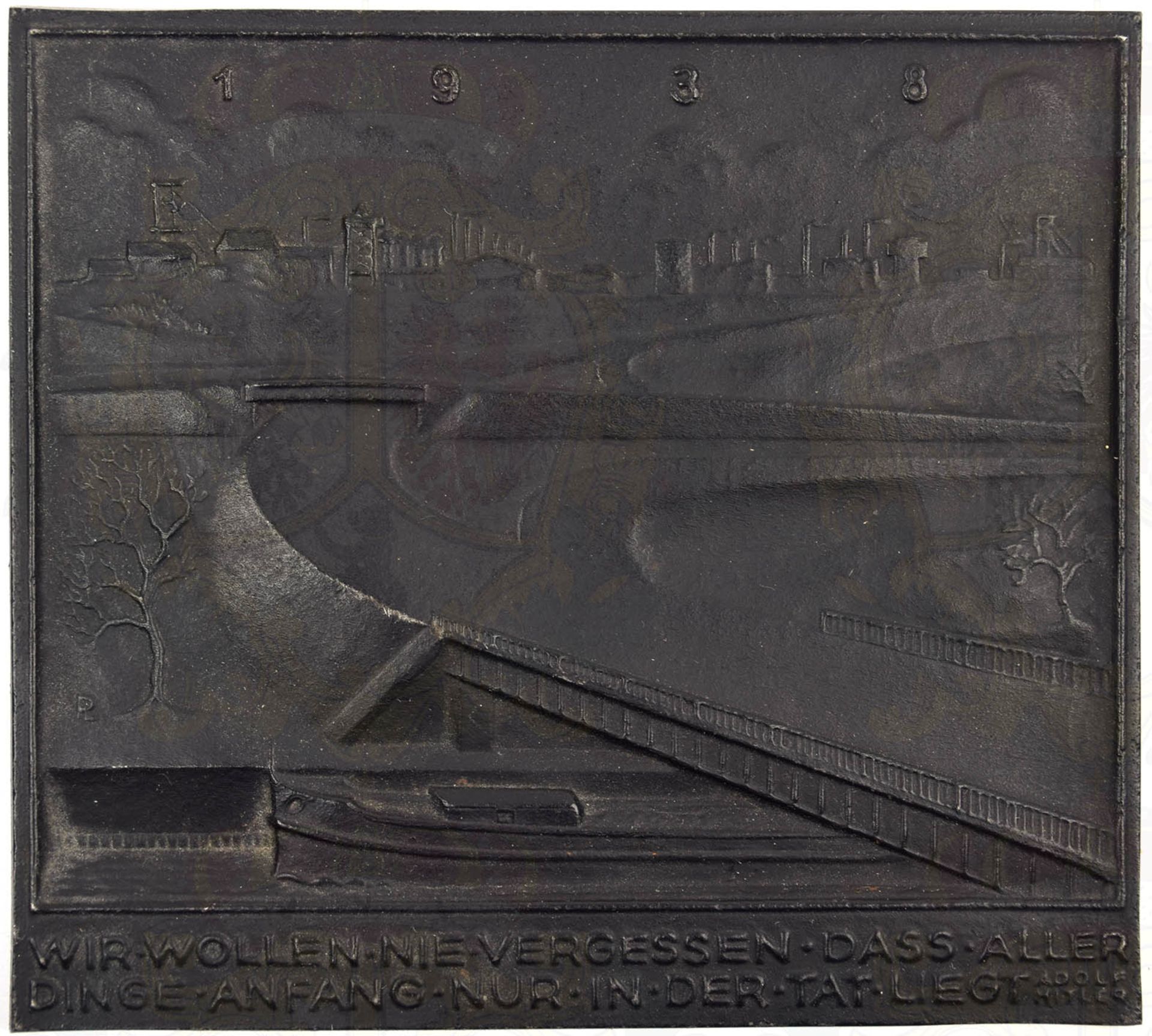 PLAKETTE „ALLER DINGE ANFANG LIEGT IN DER TAT“, 1938, Eisenguss/geschwärzt, flach relief.