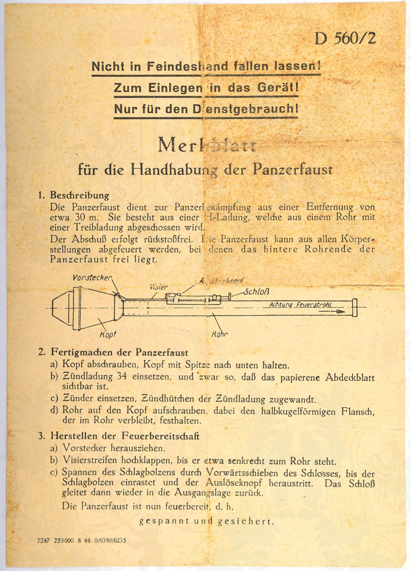 MERKBLATT FÜR DIE HANDHABUNG DER PANZERFAUST, 1944, Skizze u. Beschreibung d. Panzerfaust, „Nicht in