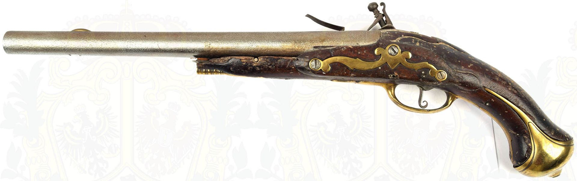 STEINSCHLOSSPISTOLE, ähnlich d. Österreichischen Kavalleriepistole 1744, runder Lauf, Kal. ca. 19mm, - Bild 3 aus 6