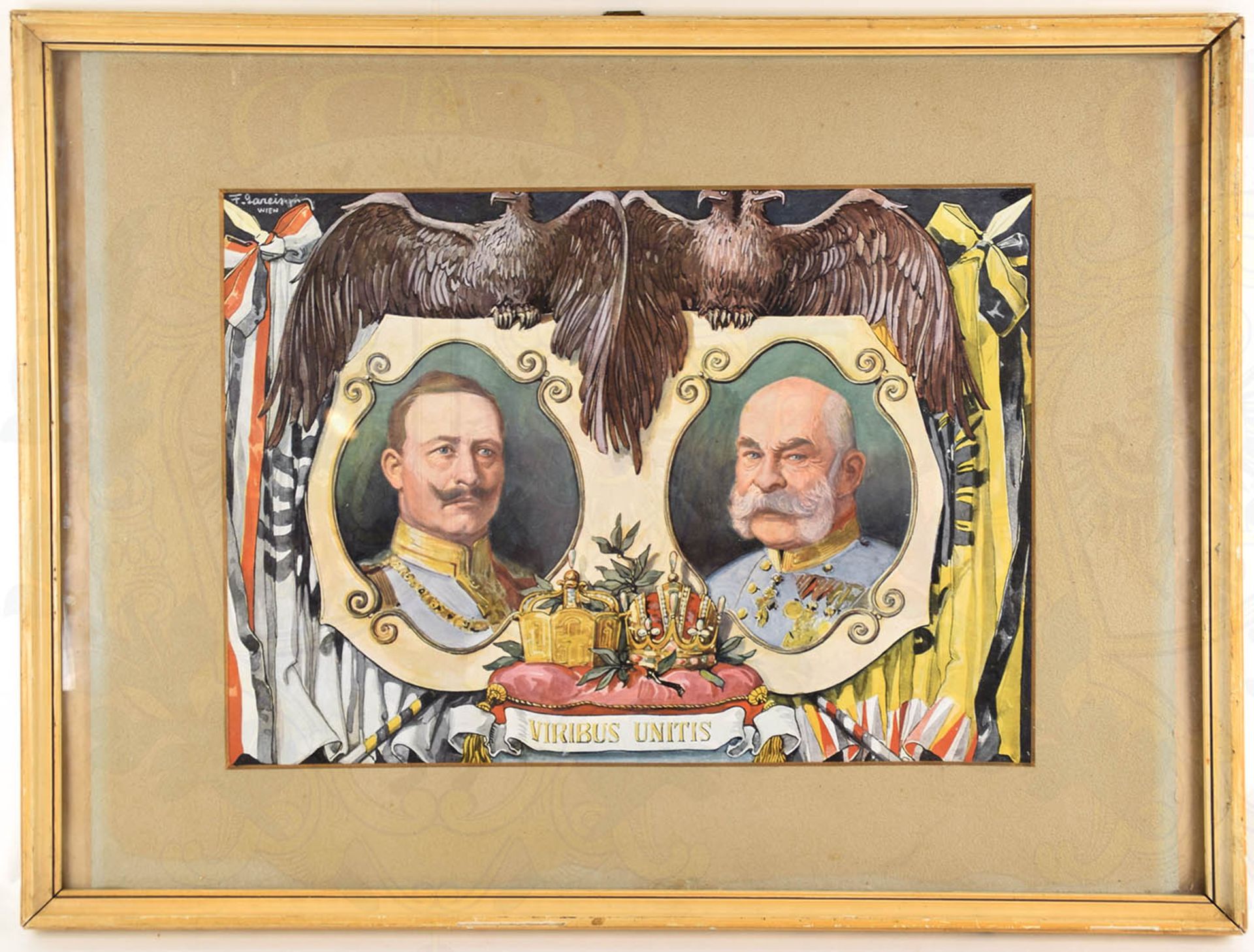 PATRIOTISCHER KUNSTDRUCK „VIRIBUS UNITIS“, Portraits Kaiser Wilhelm II. u. Franz Joseph I. mit