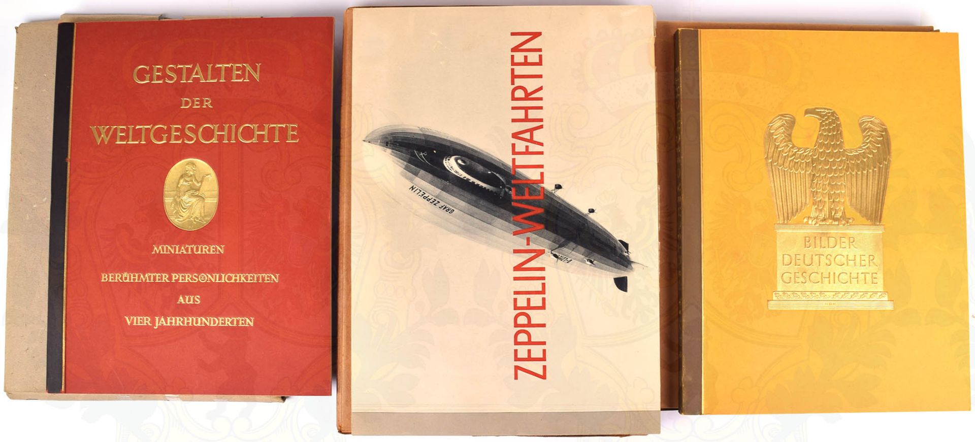 3 ALBEN: Zeppelin Weltfahrten, 1. Band; Bilder Deutscher Geschichte; Gestalten der Weltgeschichte,