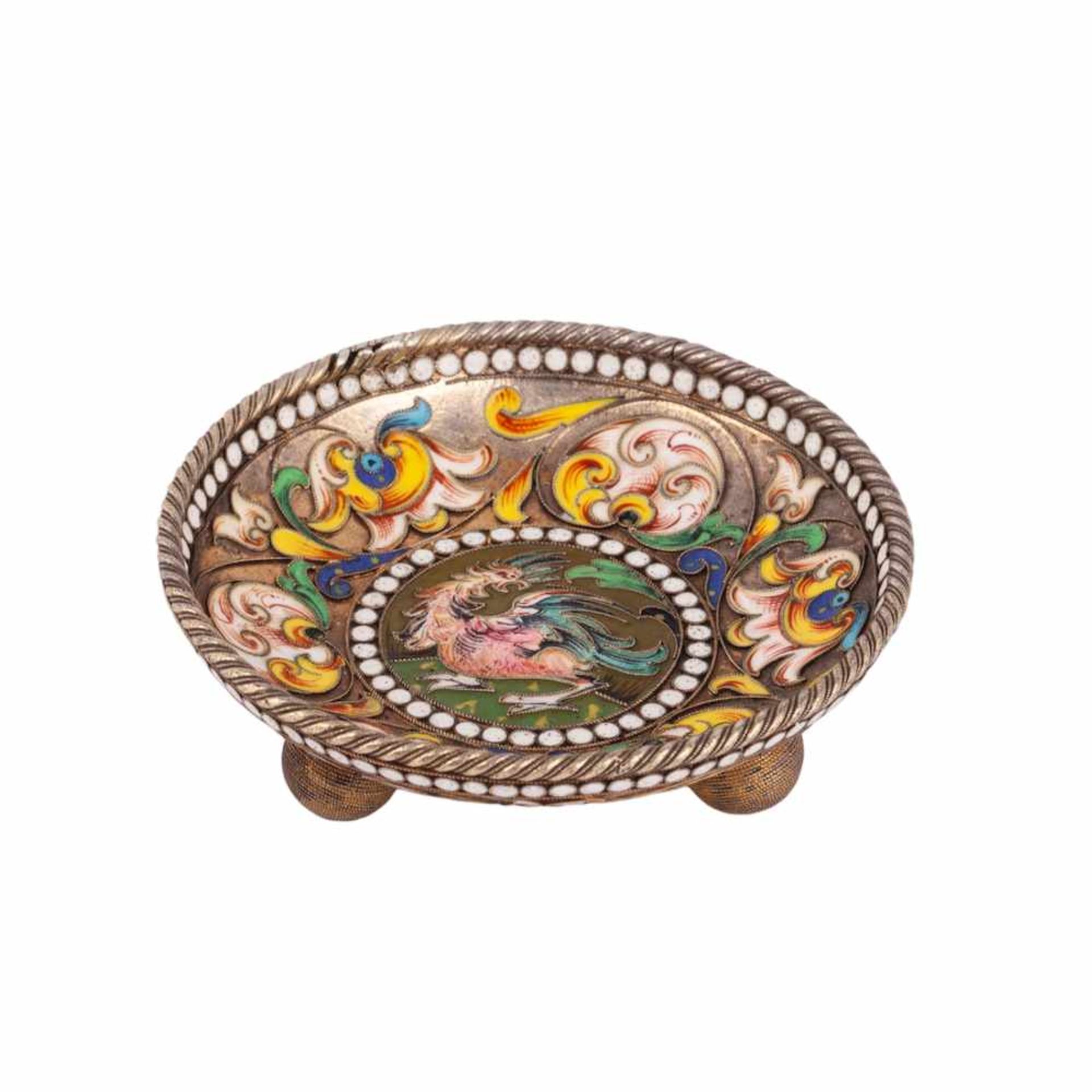 A Russian silver-gilt and painted enamel saucer