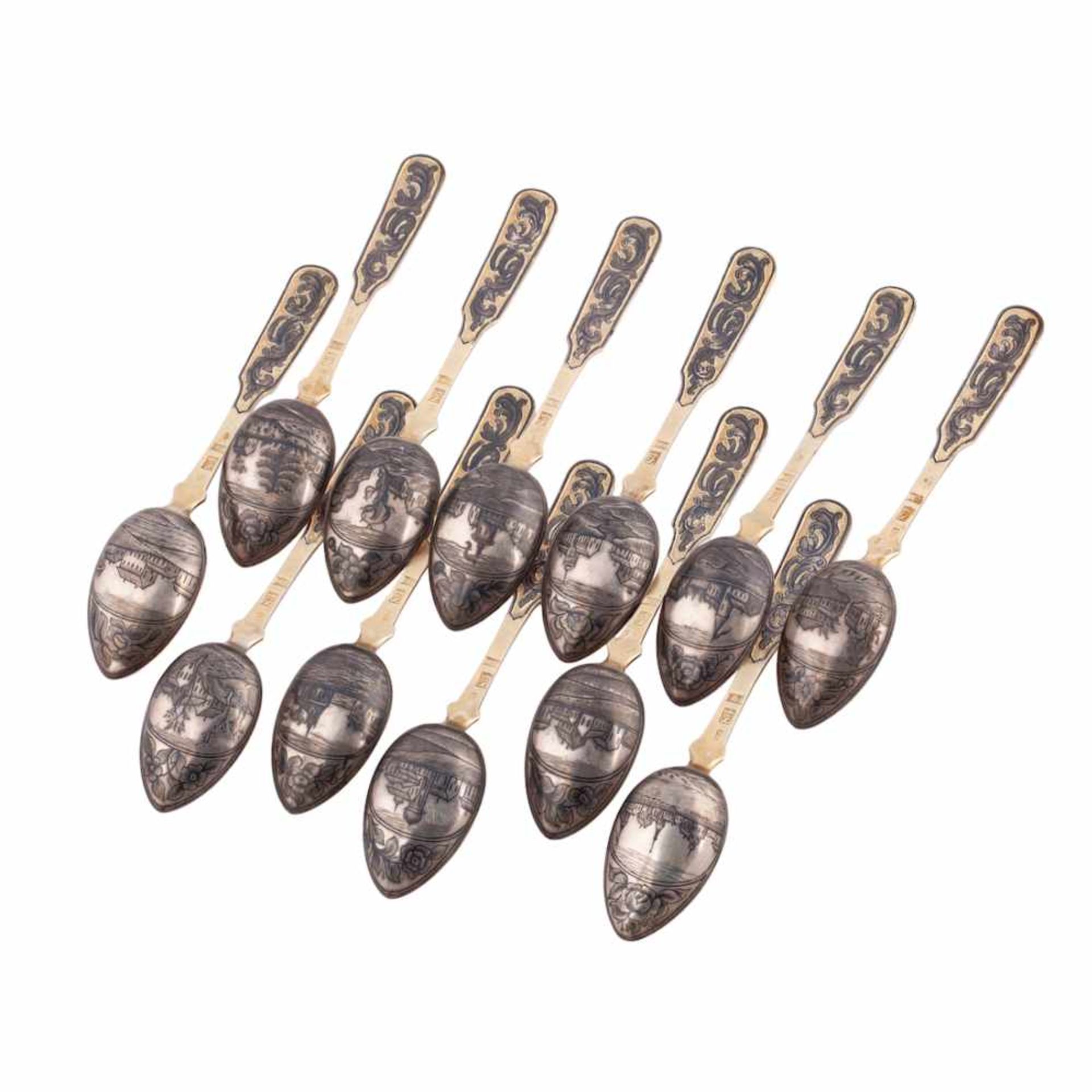 A Russian silver-gilt and niello teaspoon set - Image 2 of 7