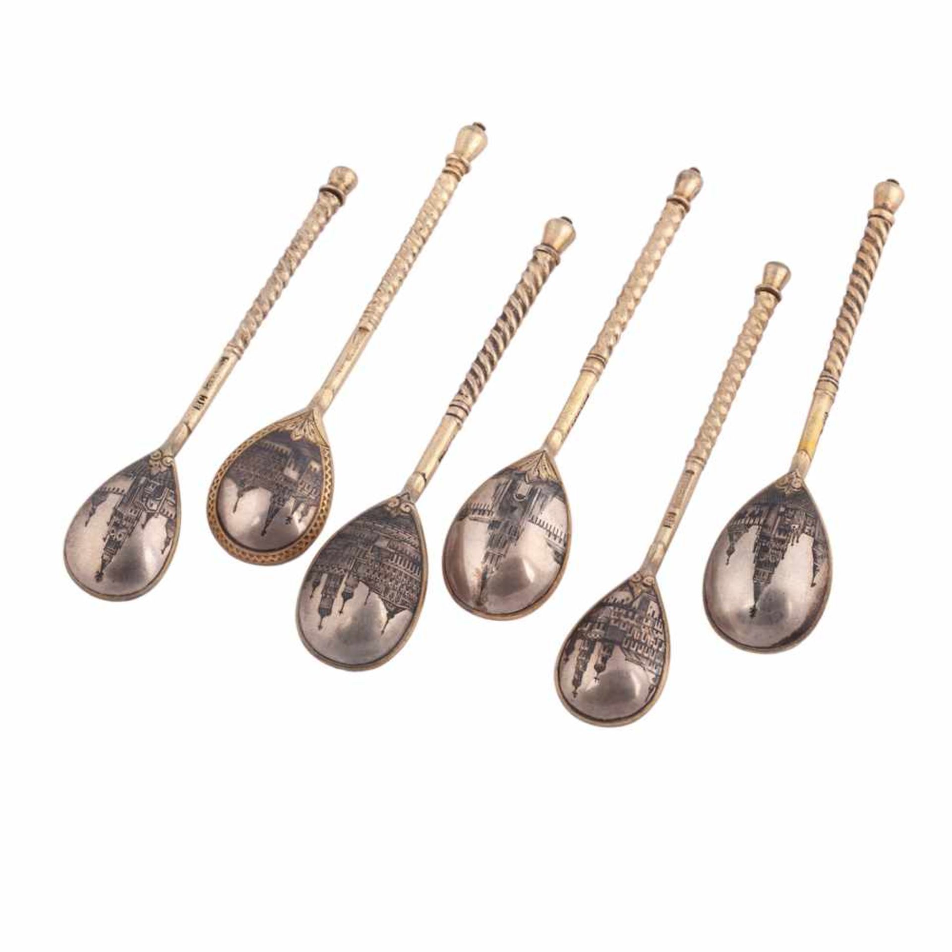 A Russian 6 silver-gilt and niello teaspoons - Image 2 of 6