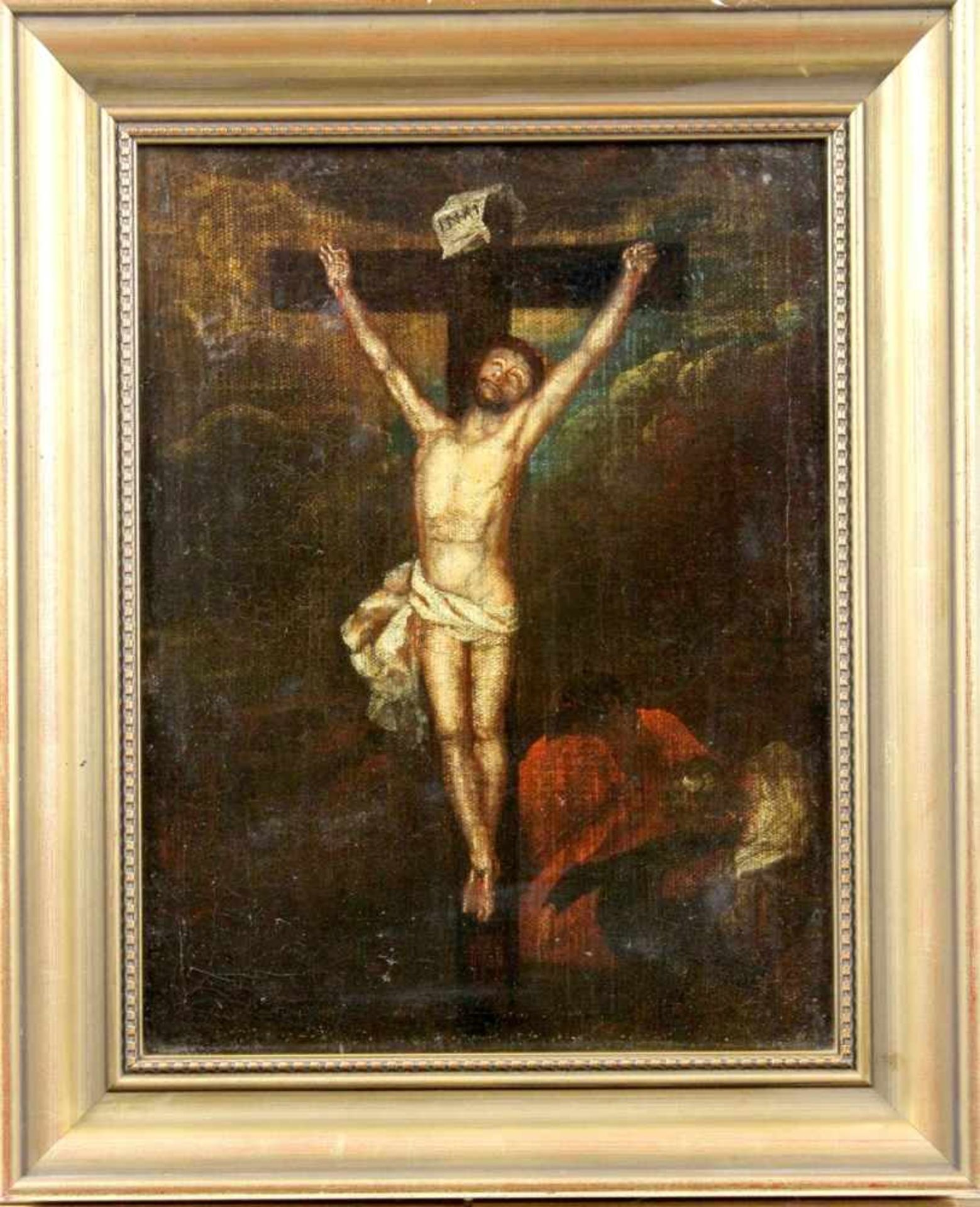 Süddeutscher Meister des 17.Jhdt. " Christus am Kreuze mit Johannes und Maria "<