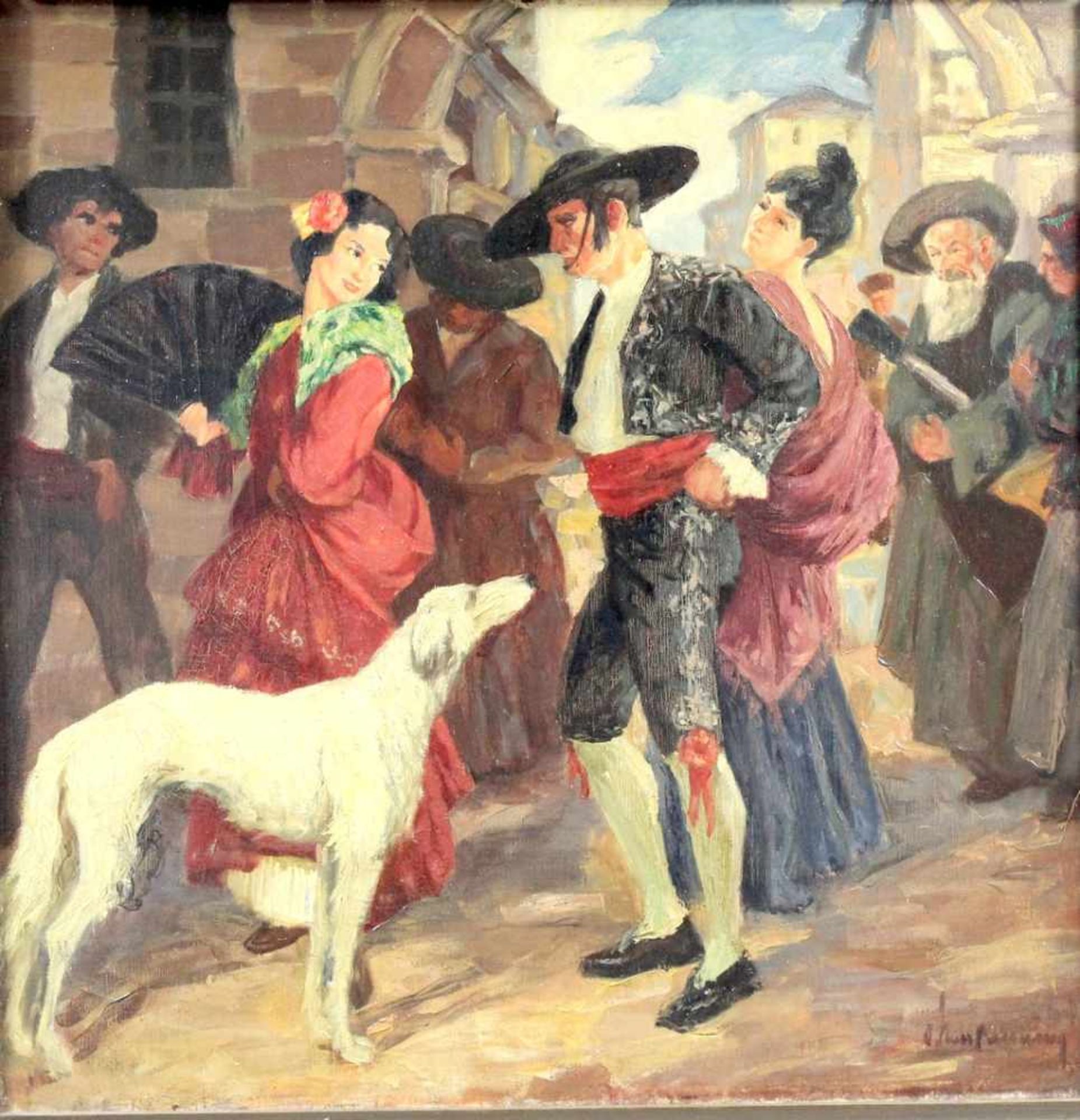 " Galante Spanische Szene " Gemälde um 1910< - Bild 2 aus 4