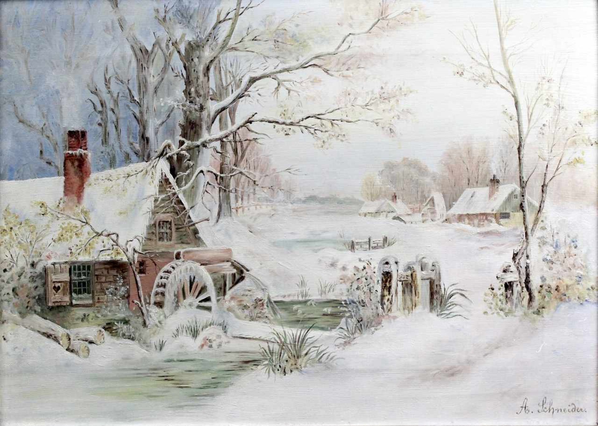 A. Schneider " Mühle in Winterlandschaft "< - Bild 2 aus 4