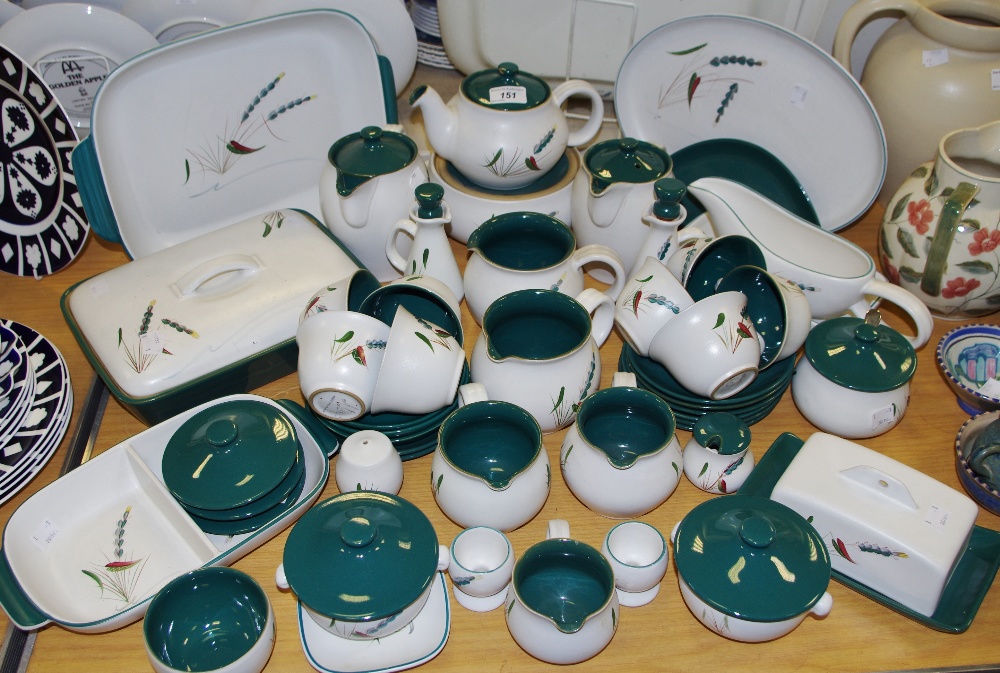 Denby Greenwheat dinner and tea ware, including tea pots, cups, saucers, tureem, gravy boat,