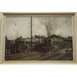 E Taylor Locos at Willesden signed, oil on board,