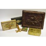 A box R Bell wax vesta's, with contents; a bronze plaque,