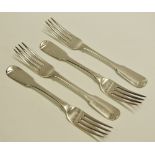 Four George IV dinner forks engraved with clam shaped shell monogram 270g gross
