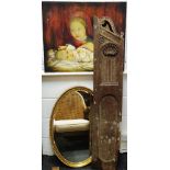 Architectural salvage - a wooden carved panel; oil on canvas of mother and child;