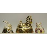 A Royal Crown Derby paperweight, Zebra, printed mark, gold stopper, boxed; others, Tiger Cub,